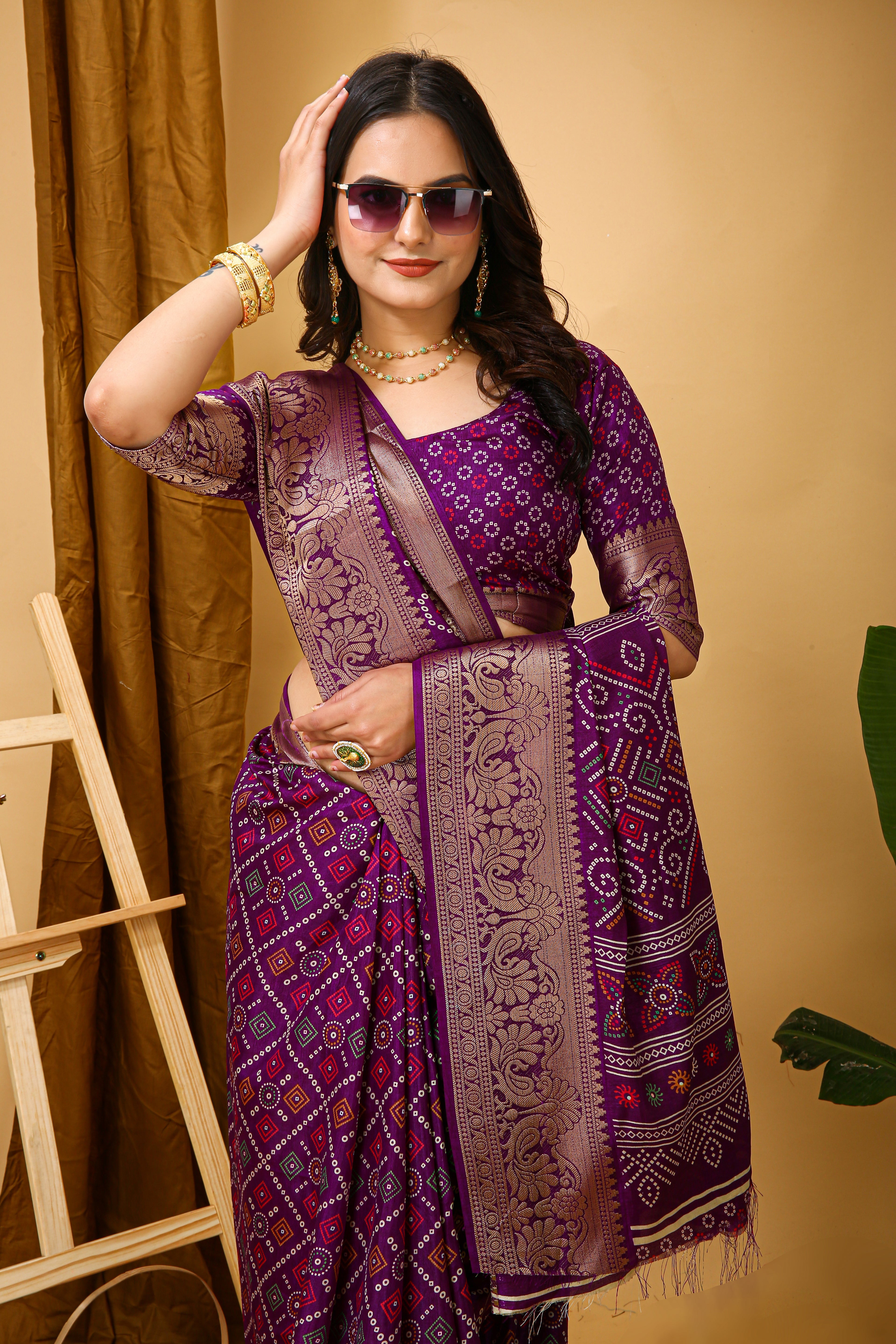 New Enchanting soft cotton Bandhani Printed Violet Saree With Unstiched Blouse