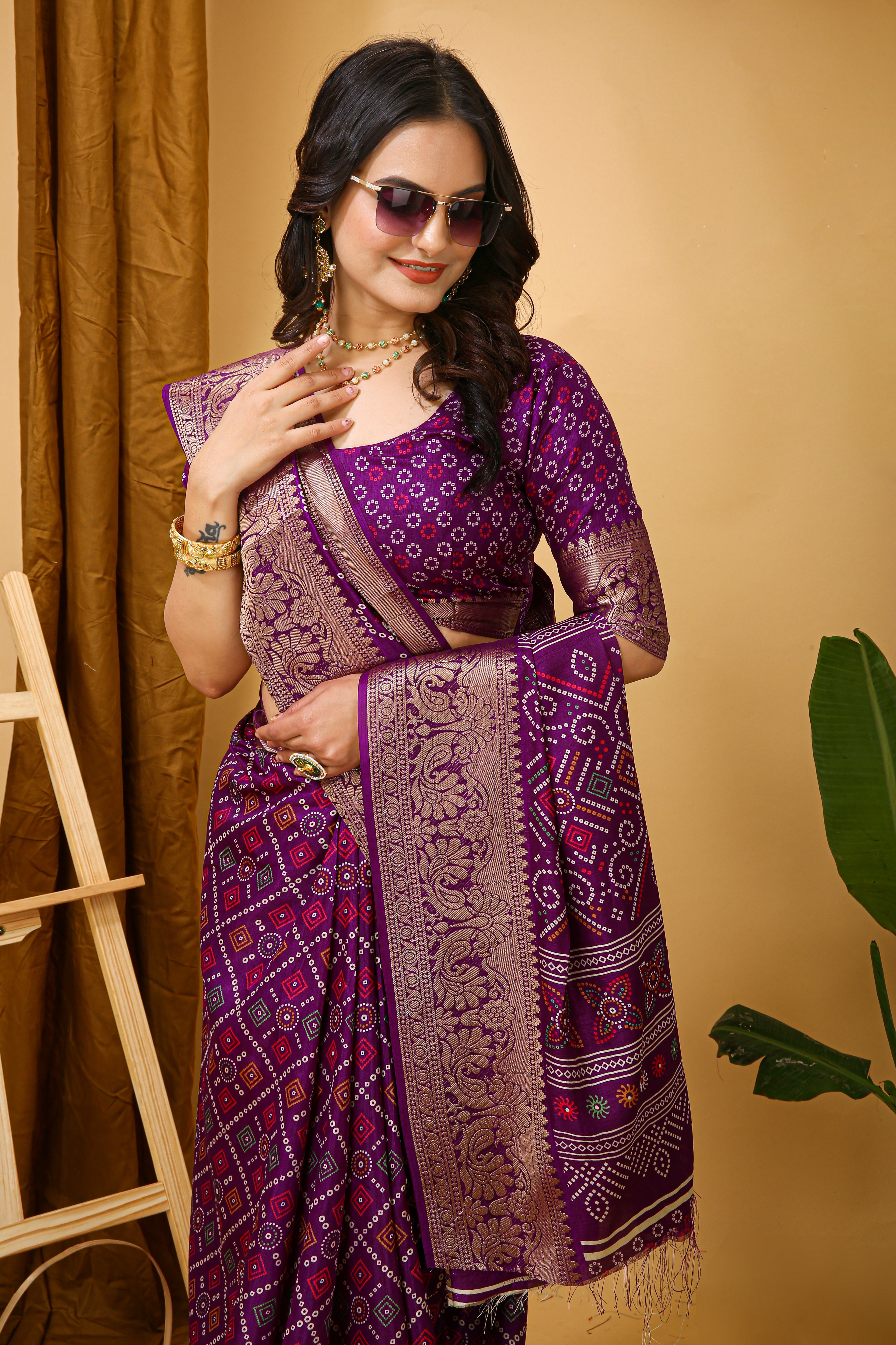 New Enchanting soft cotton Bandhani Printed Violet Saree With Unstiched Blouse