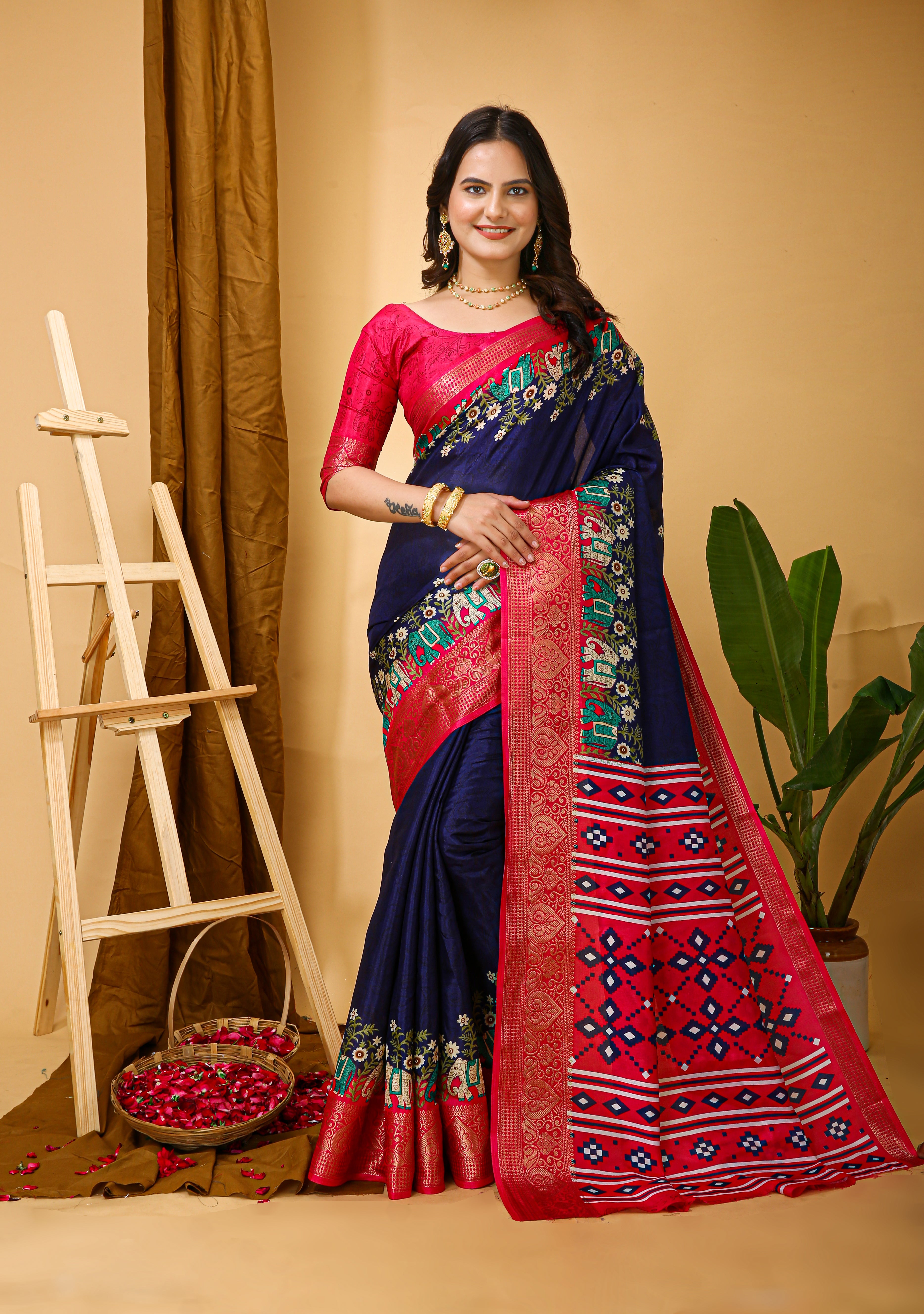 New Enchanting soft cotton Traditional Elephant Printed Navy Blue Saree With Unstiched Blouse