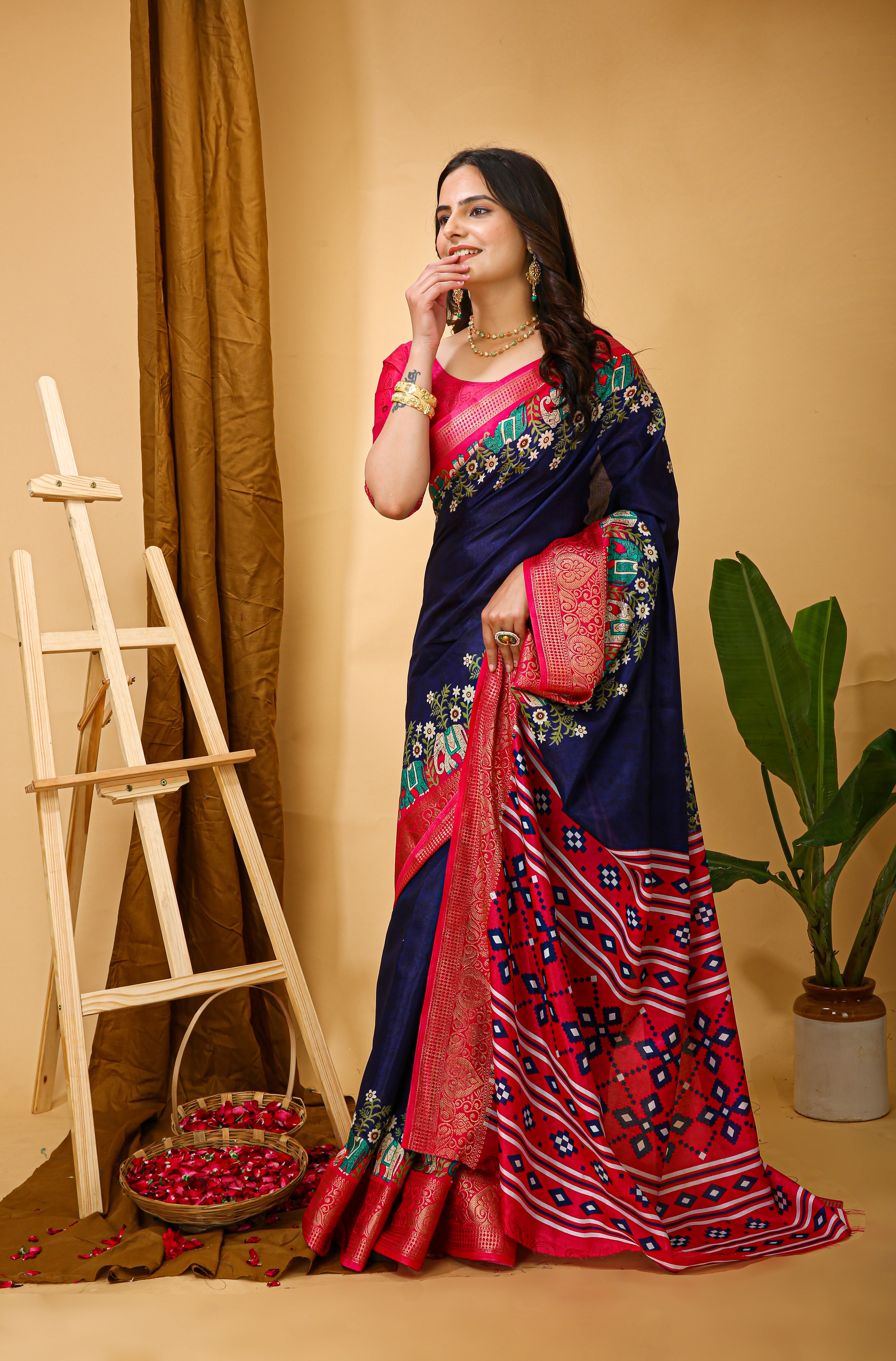 New Enchanting soft cotton Traditional Elephant Printed Navy Blue Saree With Unstiched Blouse