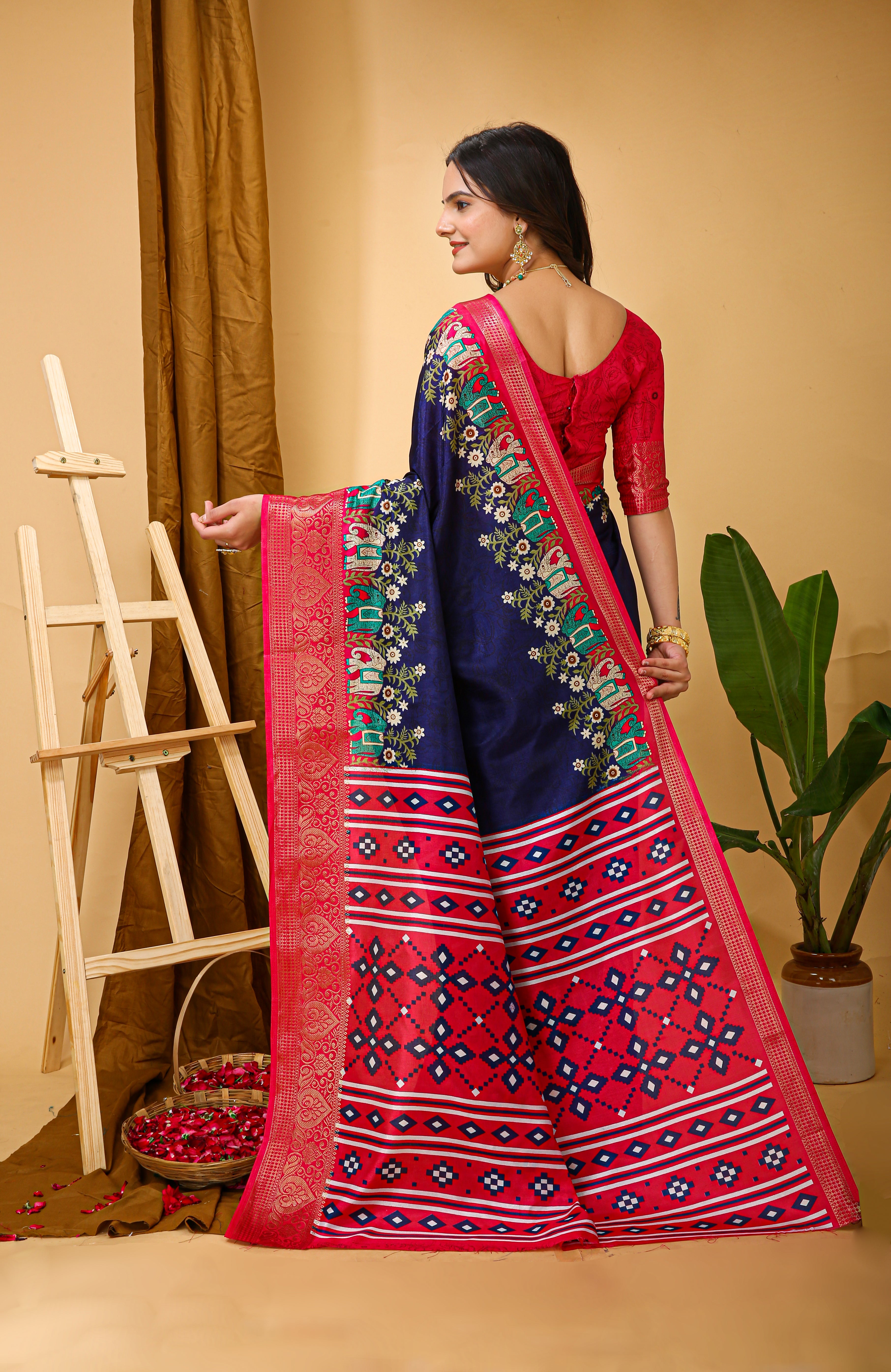 New Enchanting soft cotton Traditional Elephant Printed Navy Blue Saree With Unstiched Blouse