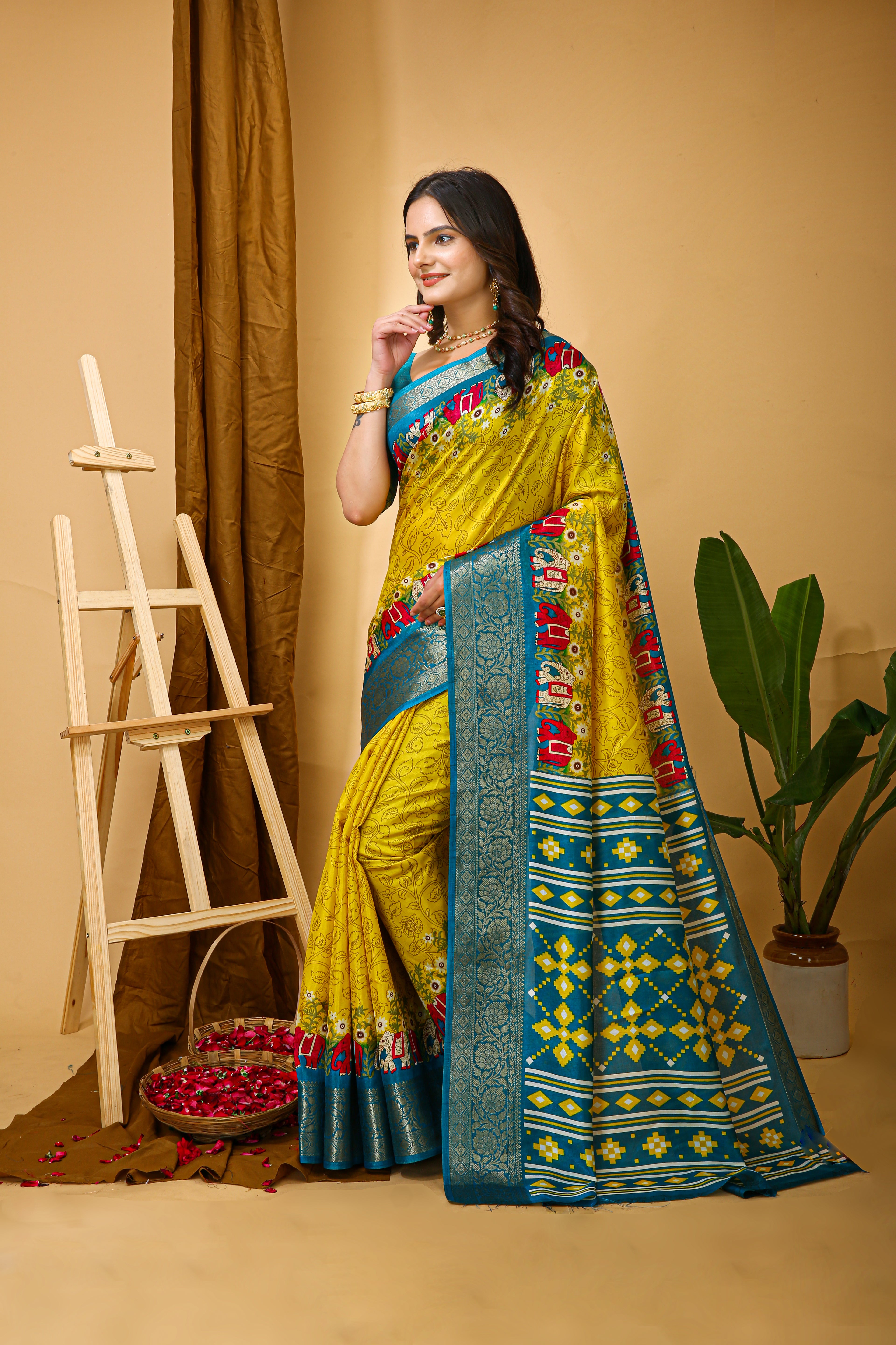 New Enchanting Soft Cotton Traditional Elephant Printed Yellow Saree With Unstiched Blouse