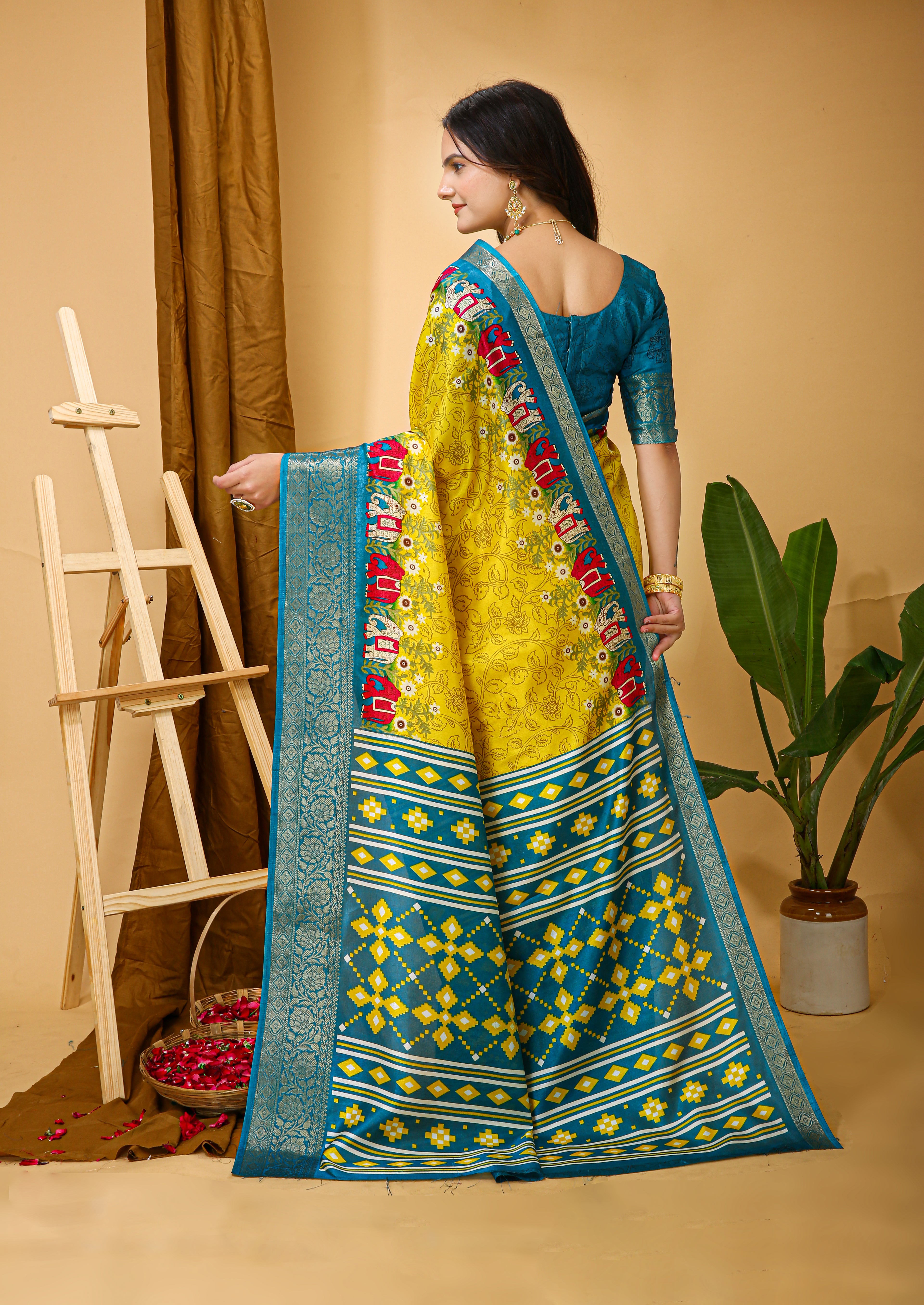 New Enchanting Soft Cotton Traditional Elephant Printed Yellow Saree With Unstiched Blouse