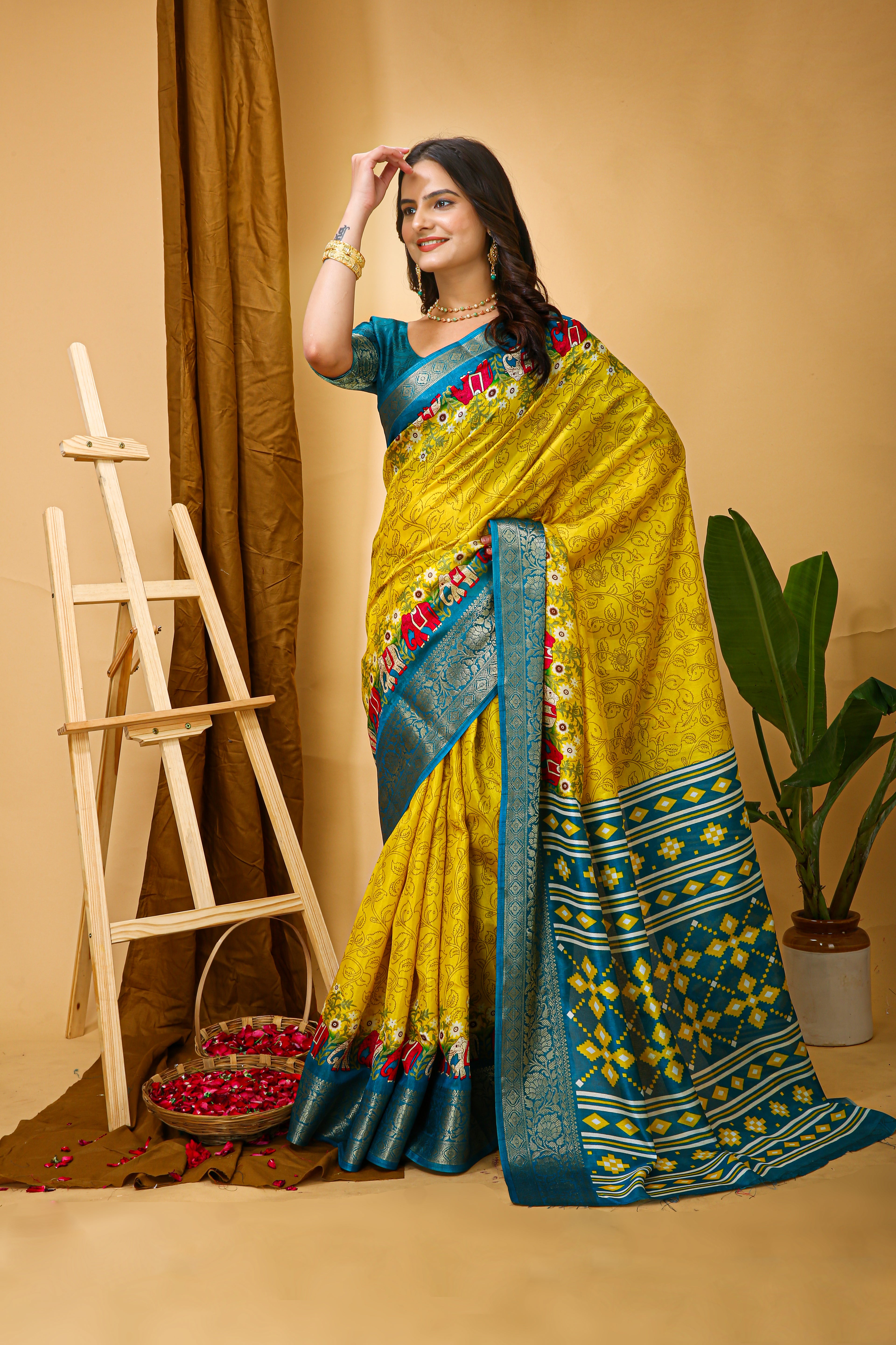 New Enchanting Soft Cotton Traditional Elephant Printed Yellow Saree With Unstiched Blouse