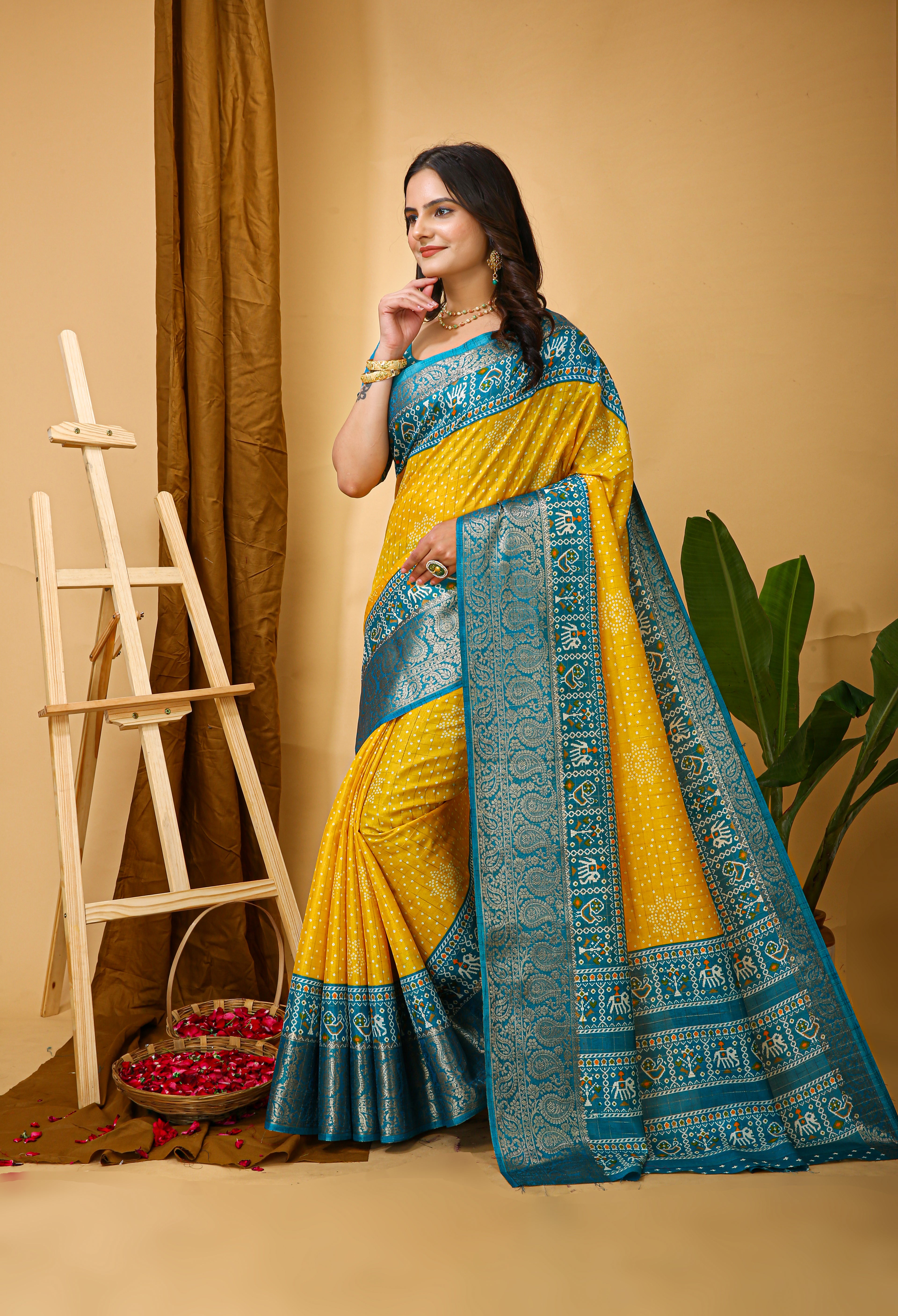 New Enchanting soft cotton Bandhani Printed Yellow Saree With Unstiched Blouse