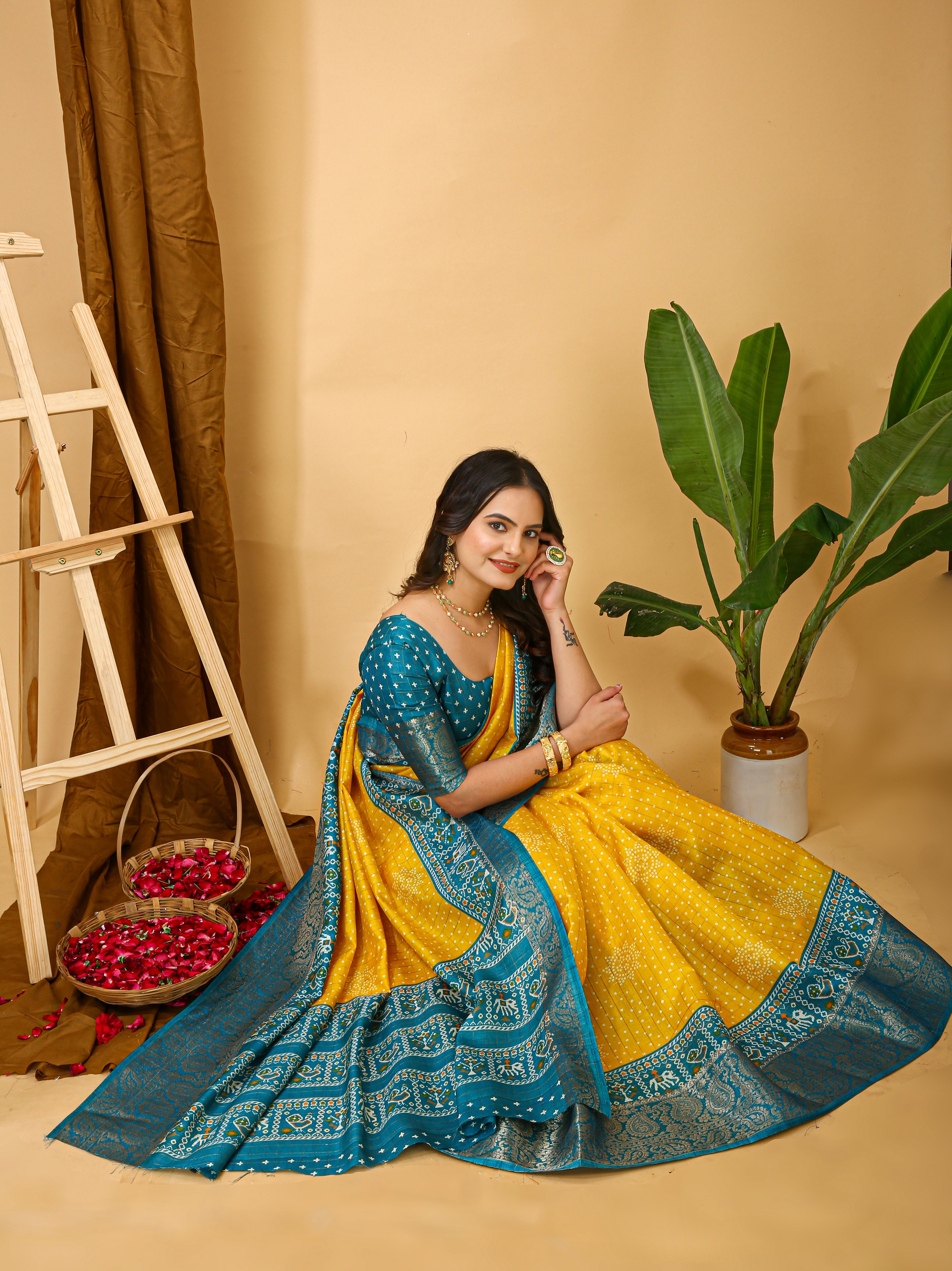 New Enchanting soft cotton Bandhani Printed Yellow Saree With Unstiched Blouse