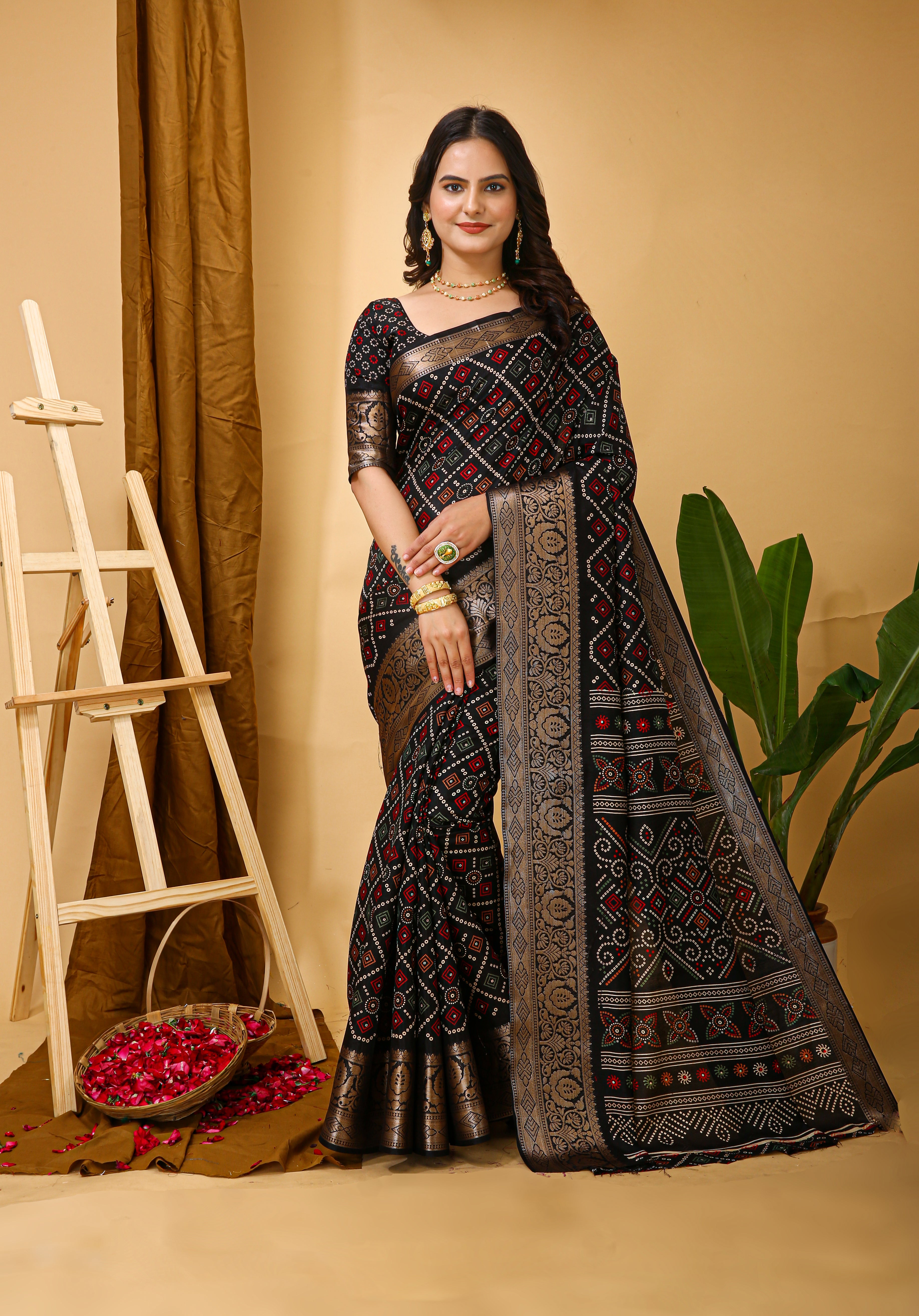 New Enchanting soft cotton Bandhani Printed Black Saree With Unstiched Blouse