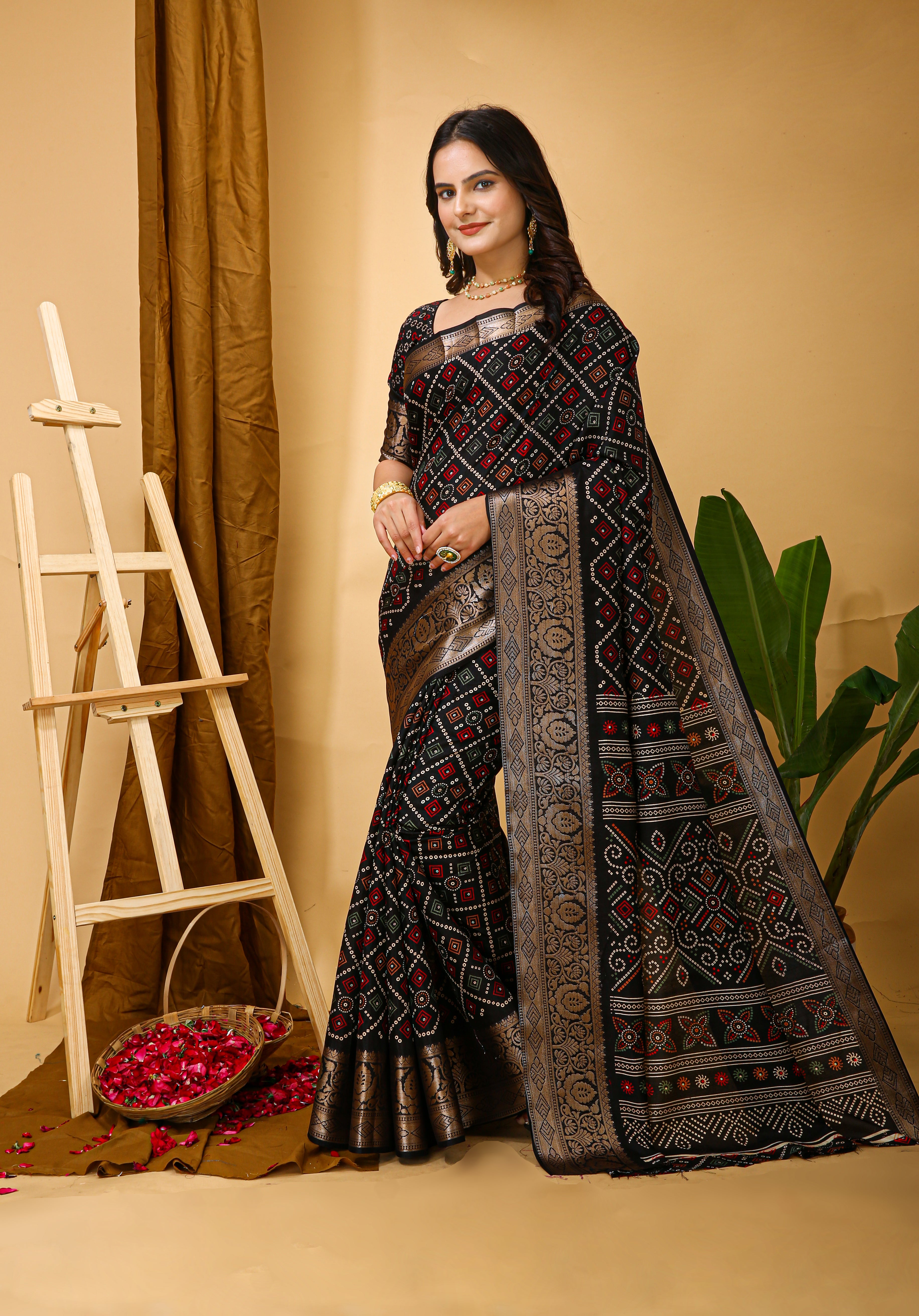 New Enchanting soft cotton Bandhani Printed Black Saree With Unstiched Blouse