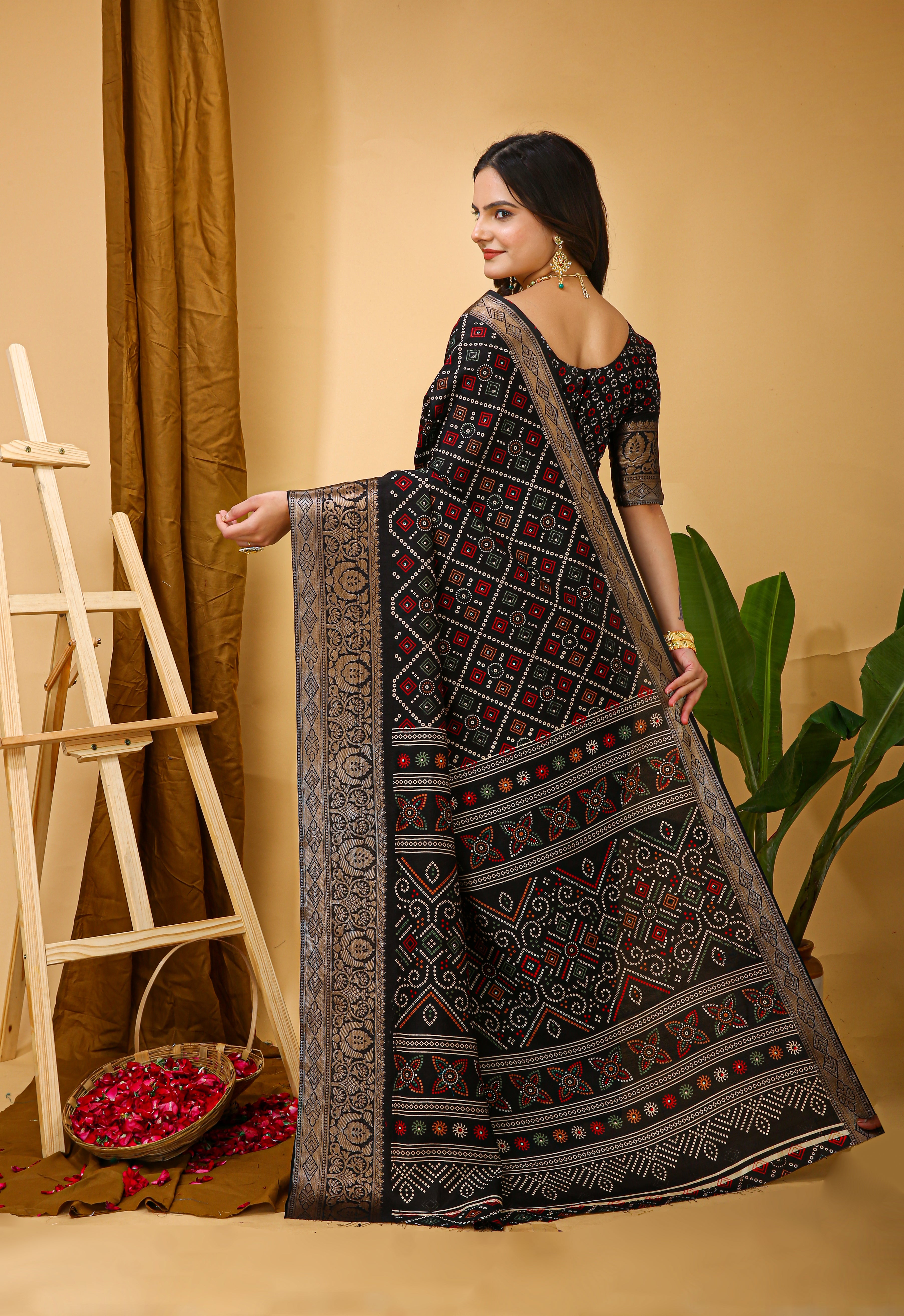 New Enchanting soft cotton Bandhani Printed Black Saree With Unstiched Blouse