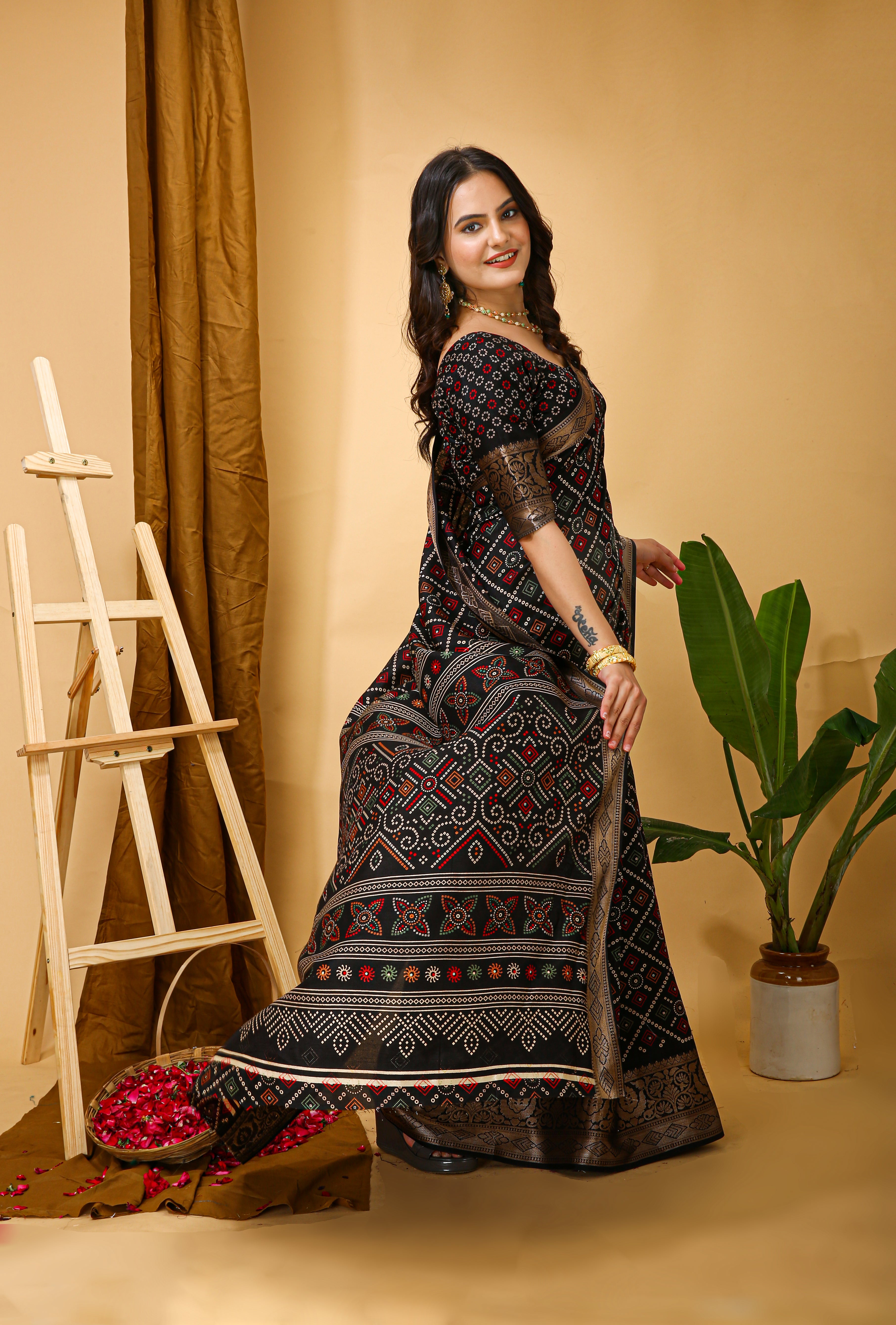 New Enchanting soft cotton Bandhani Printed Black Saree With Unstiched Blouse