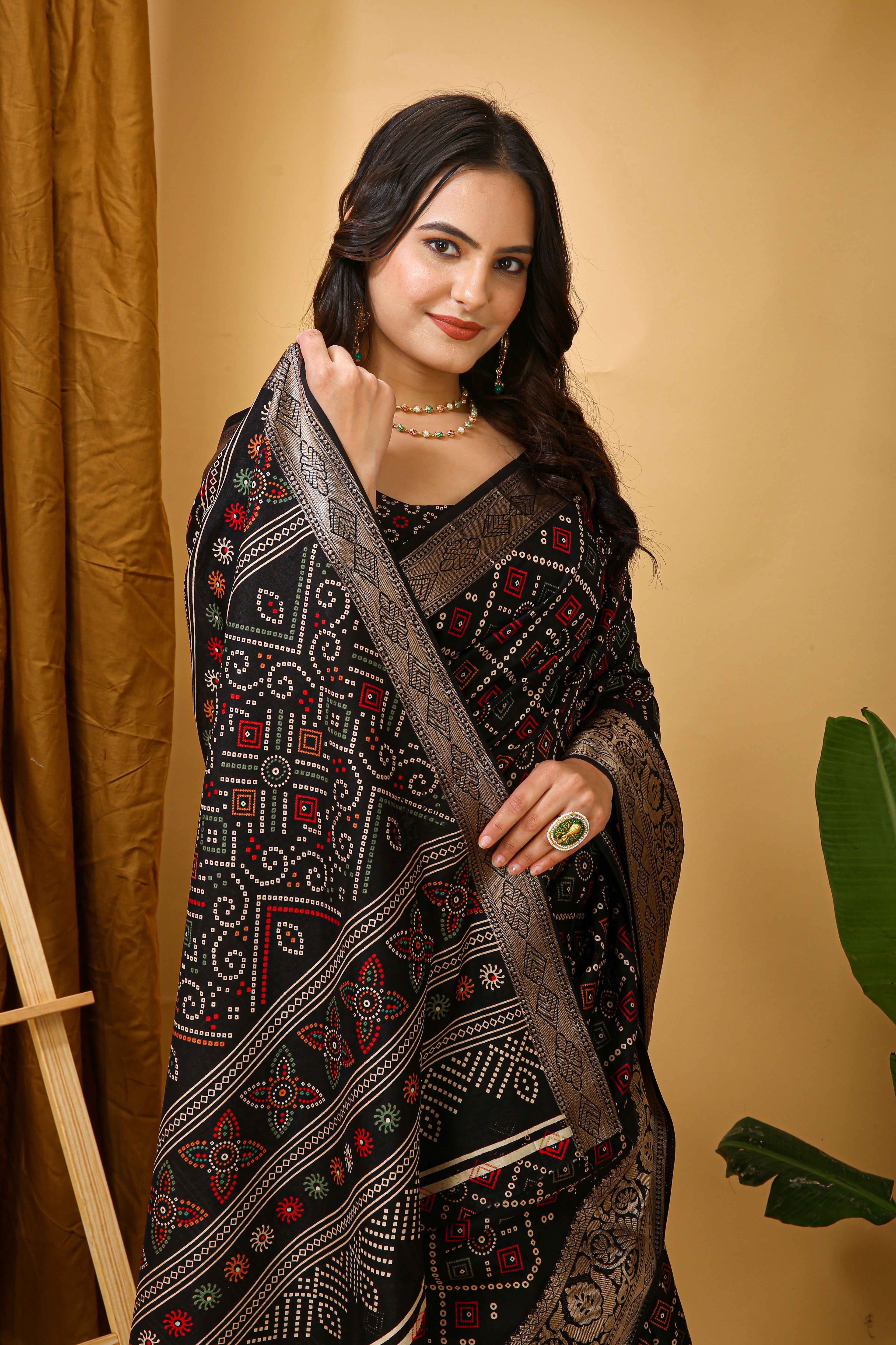 New Enchanting soft cotton Bandhani Printed Black Saree With Unstiched Blouse