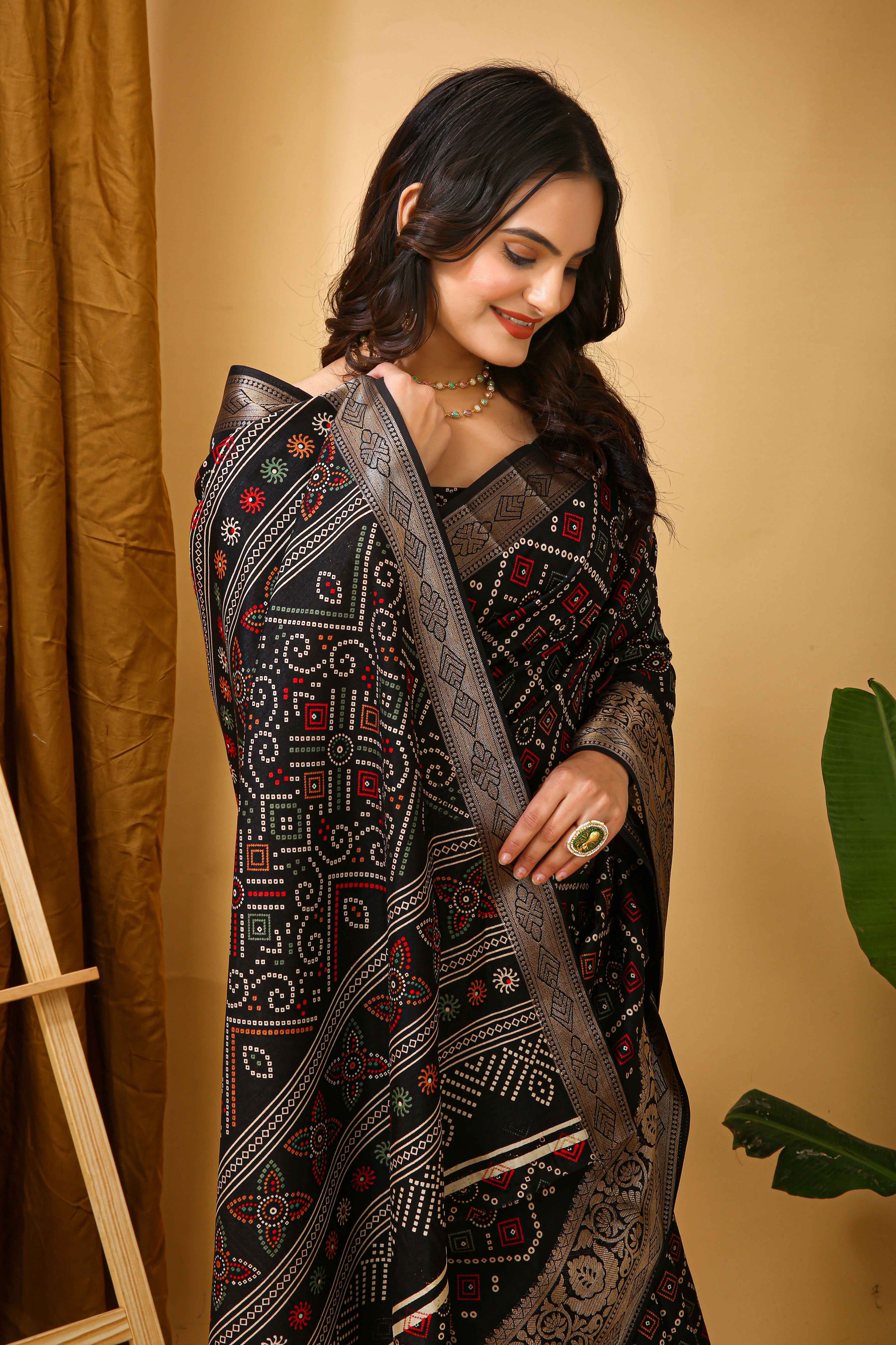 New Enchanting soft cotton Bandhani Printed Black Saree With Unstiched Blouse