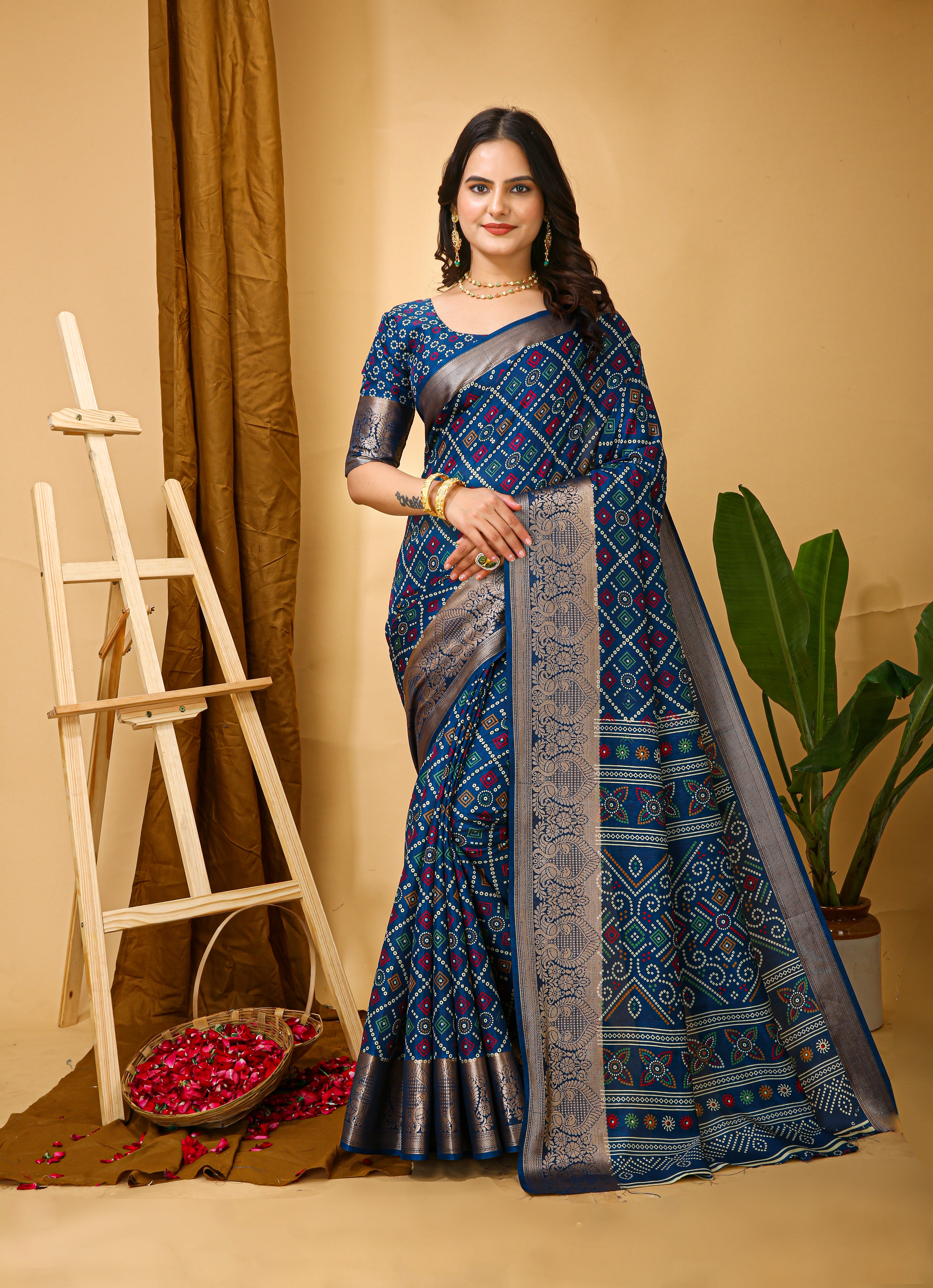 New Enchanting soft cotton Bandhani Printed Blue Saree With Unstiched Blouse