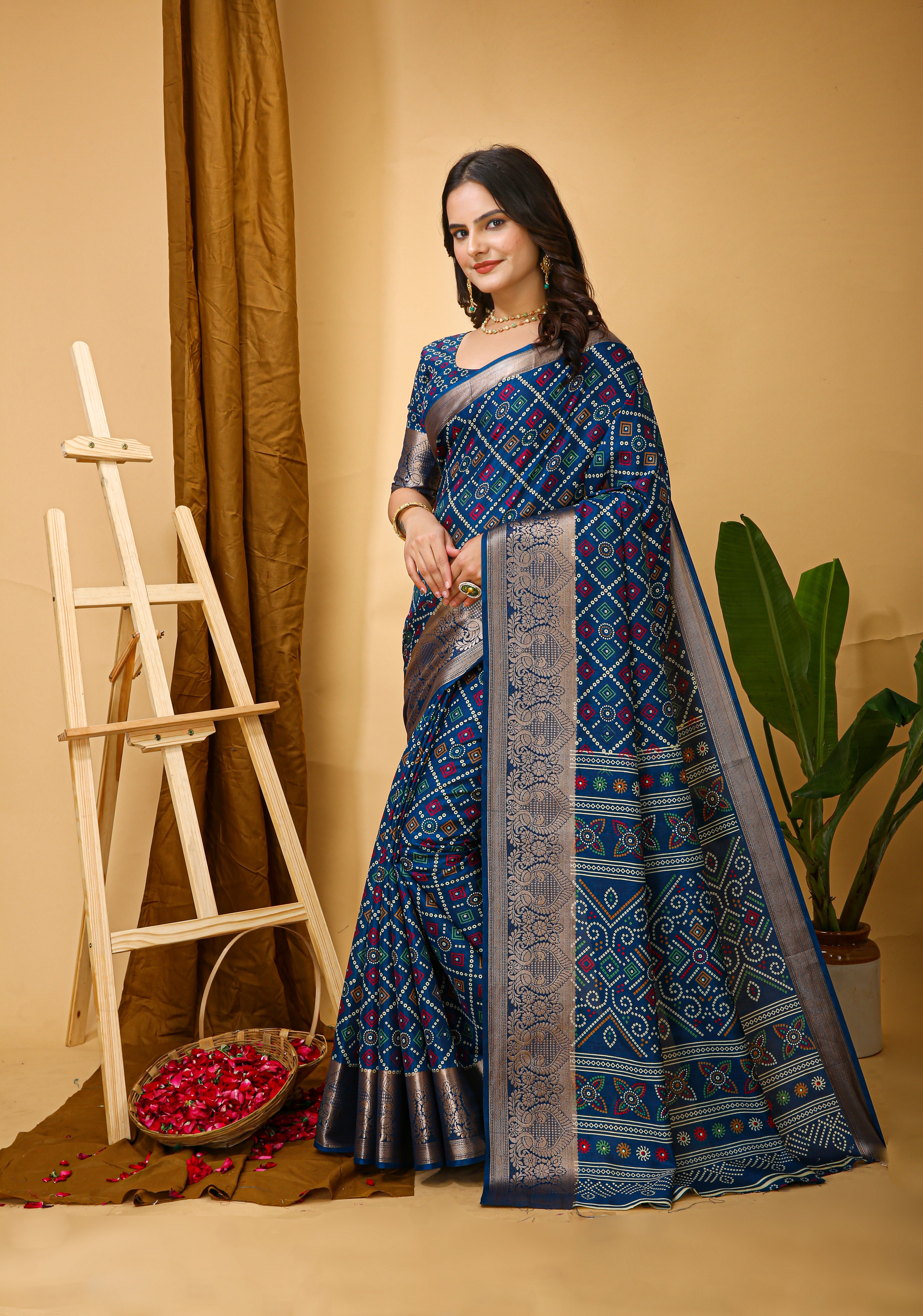 New Enchanting soft cotton Bandhani Printed Blue Saree With Unstiched Blouse