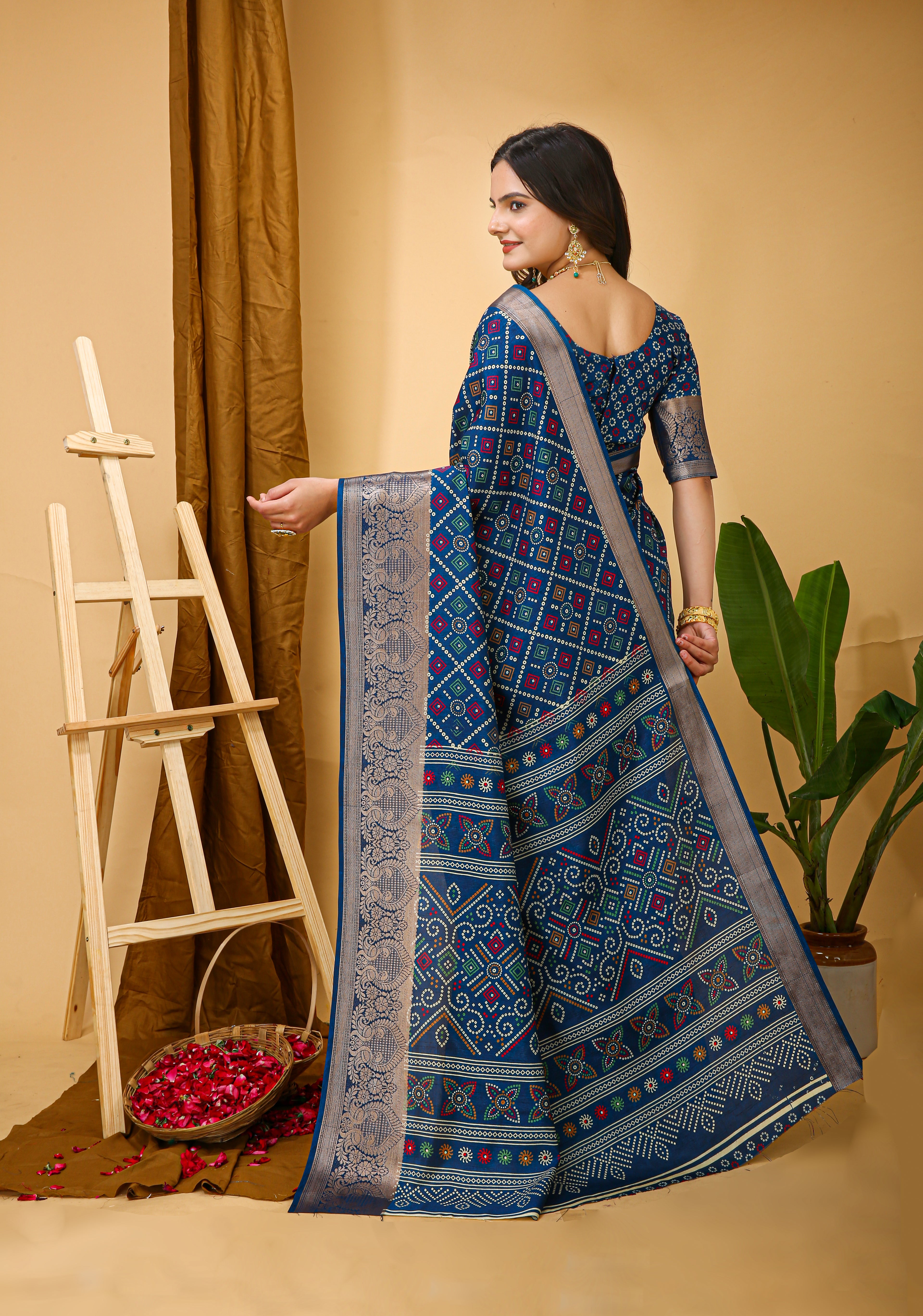New Enchanting soft cotton Bandhani Printed Blue Saree With Unstiched Blouse