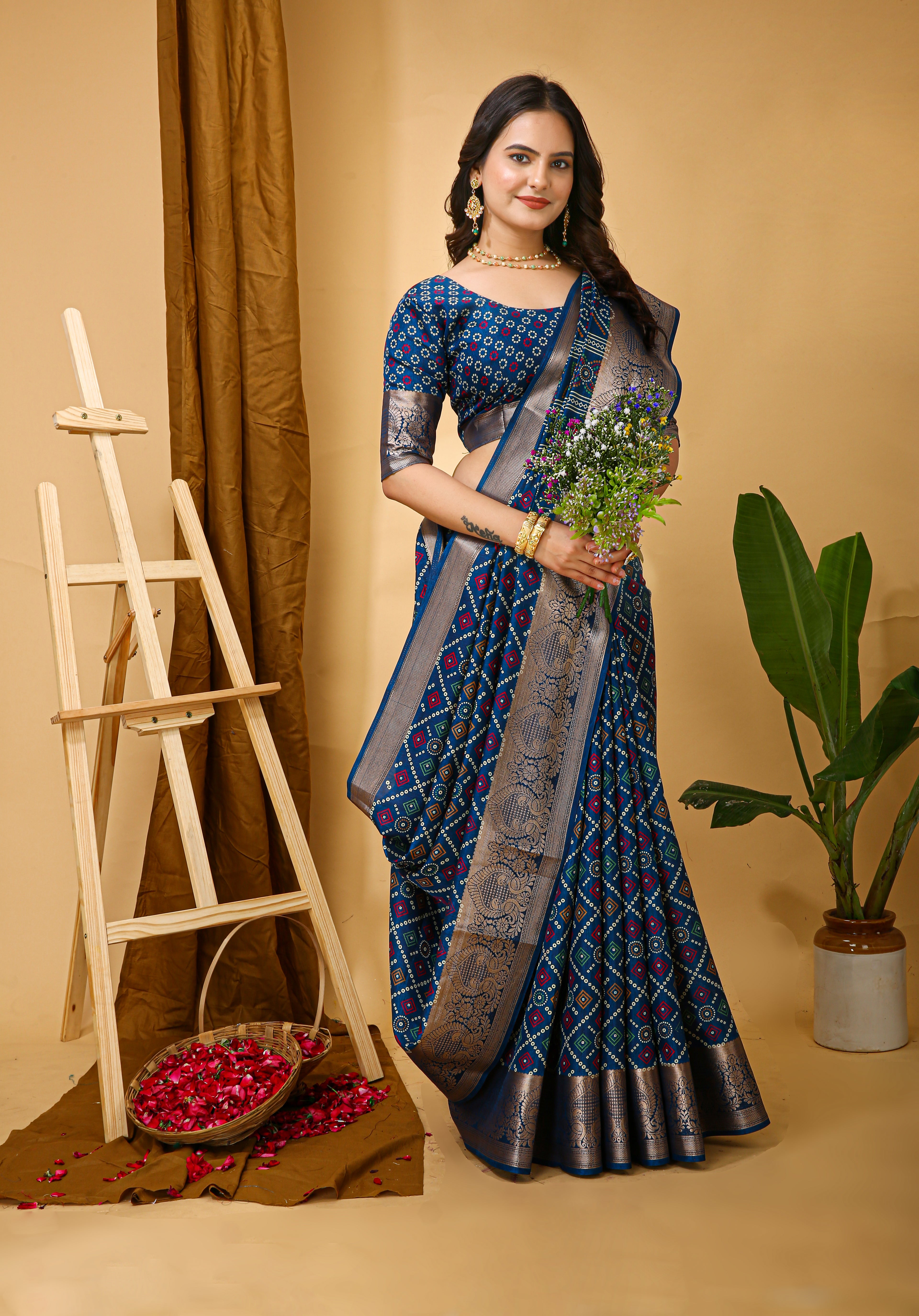 New Enchanting soft cotton Bandhani Printed Blue Saree With Unstiched Blouse