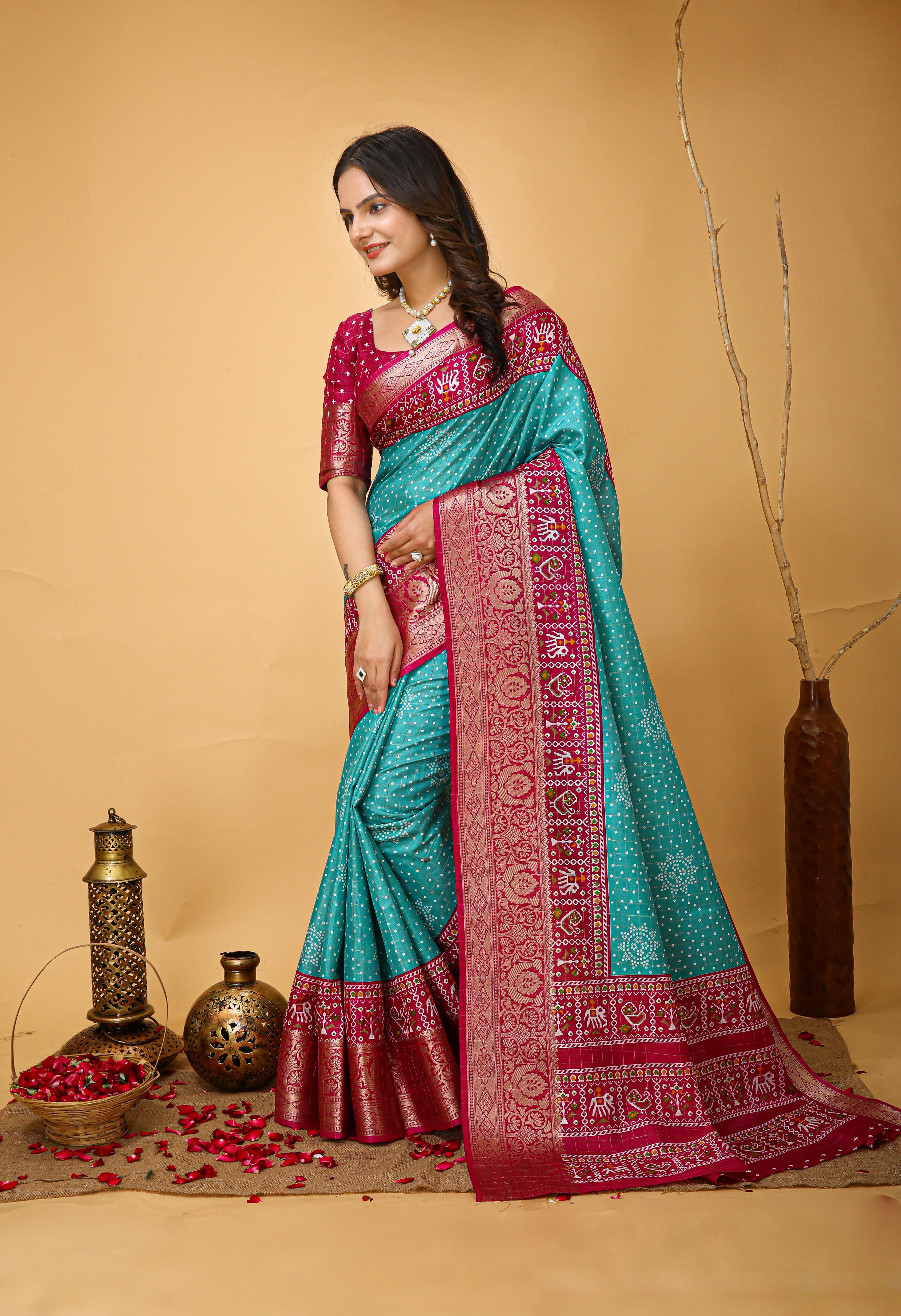 New Enchanting soft cotton Bandhani Printed Light Teal Saree With Unstiched Blouse