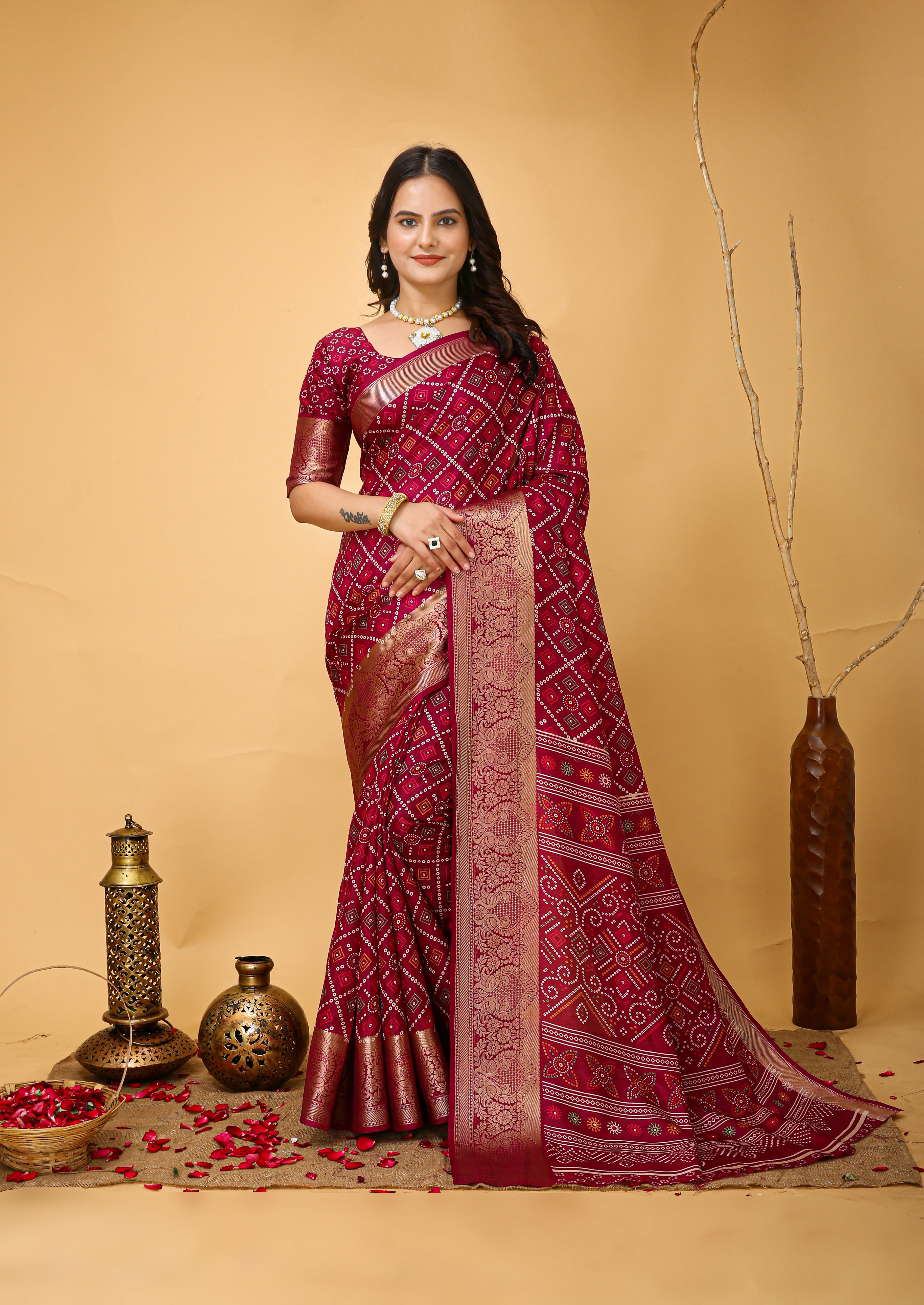 New Enchanting soft cotton Bandhani Printed Maroon Red Saree With Unstiched Blouse