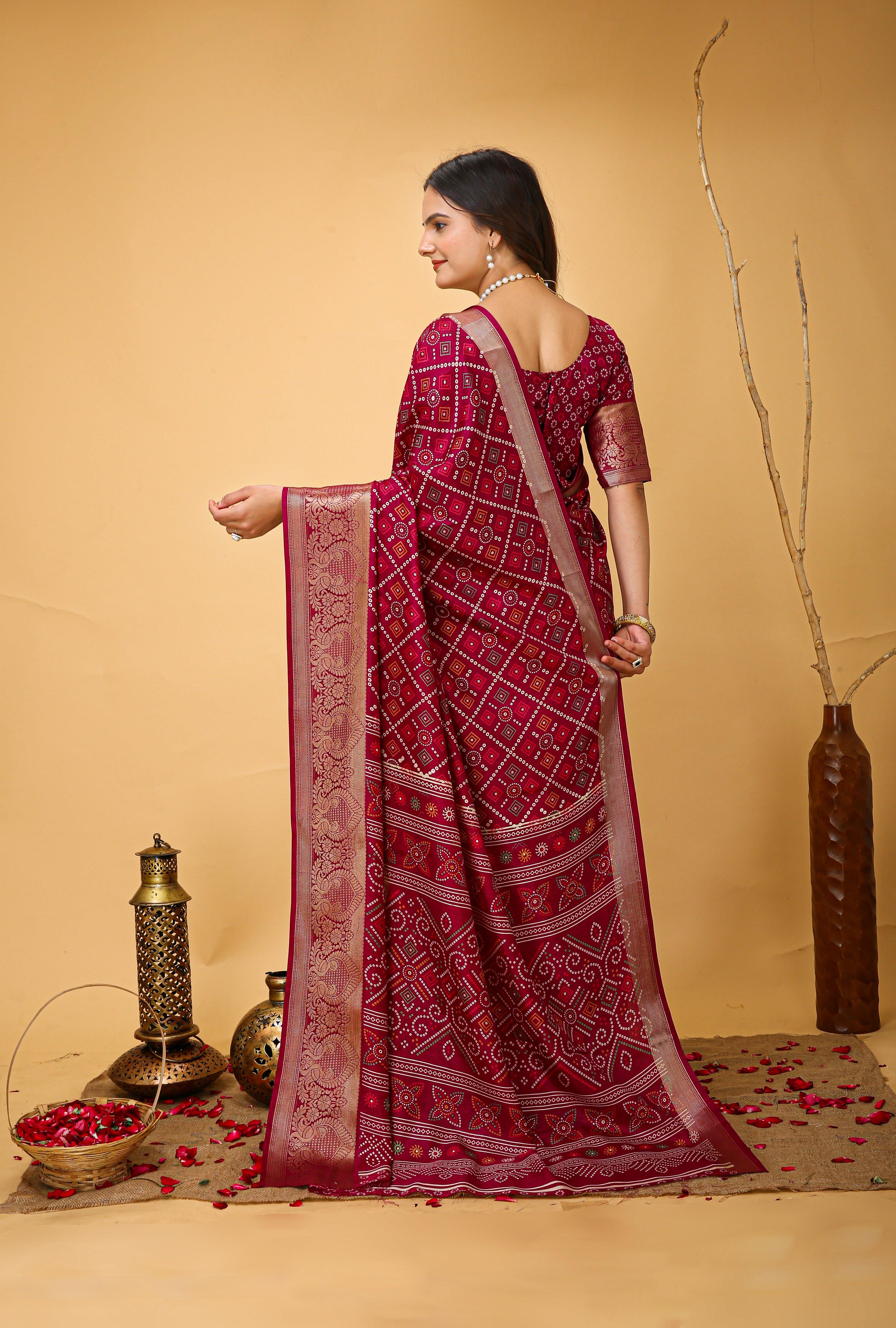 New Enchanting soft cotton Bandhani Printed Maroon Red Saree With Unstiched Blouse