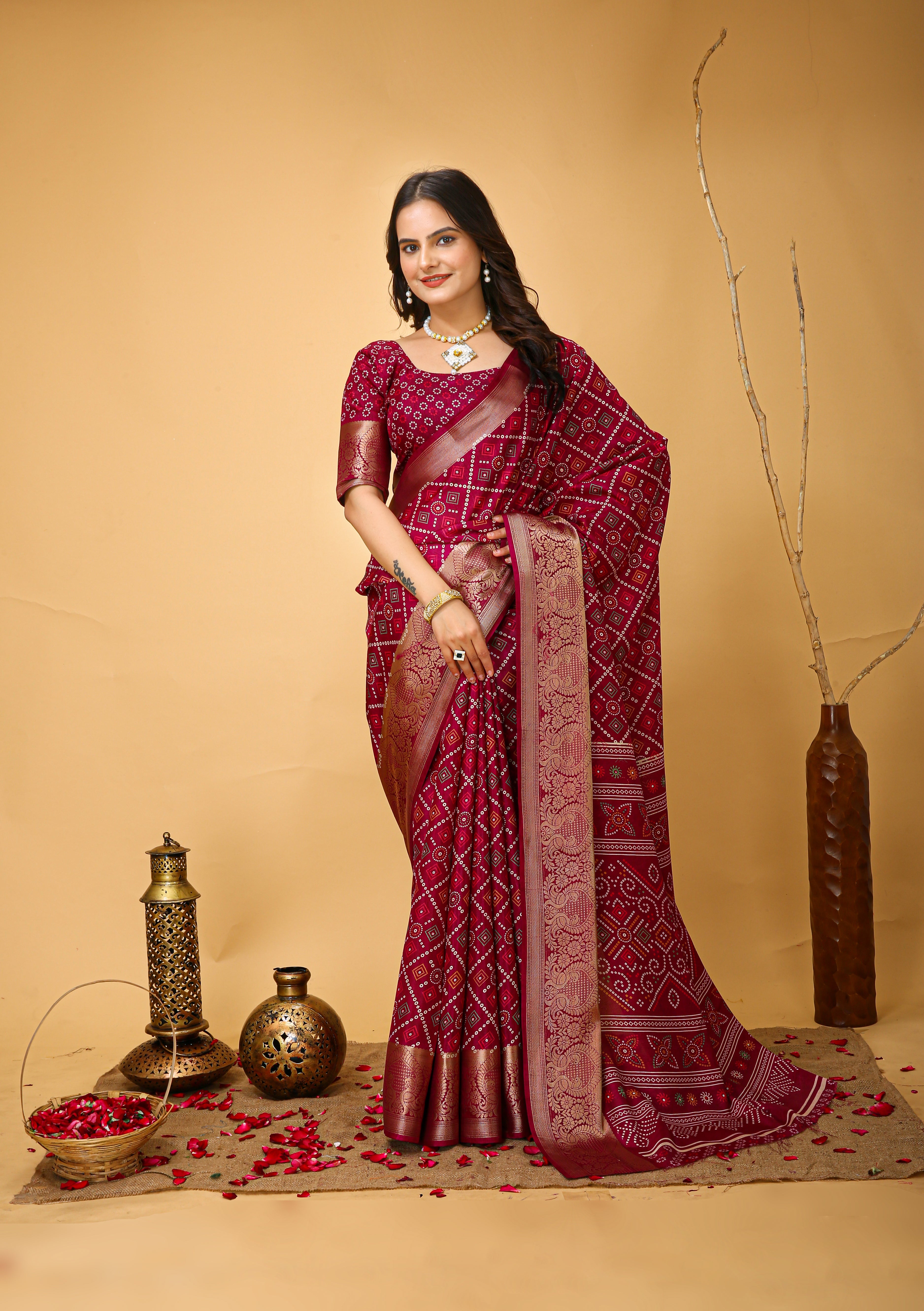 New Enchanting soft cotton Bandhani Printed Maroon Red Saree With Unstiched Blouse