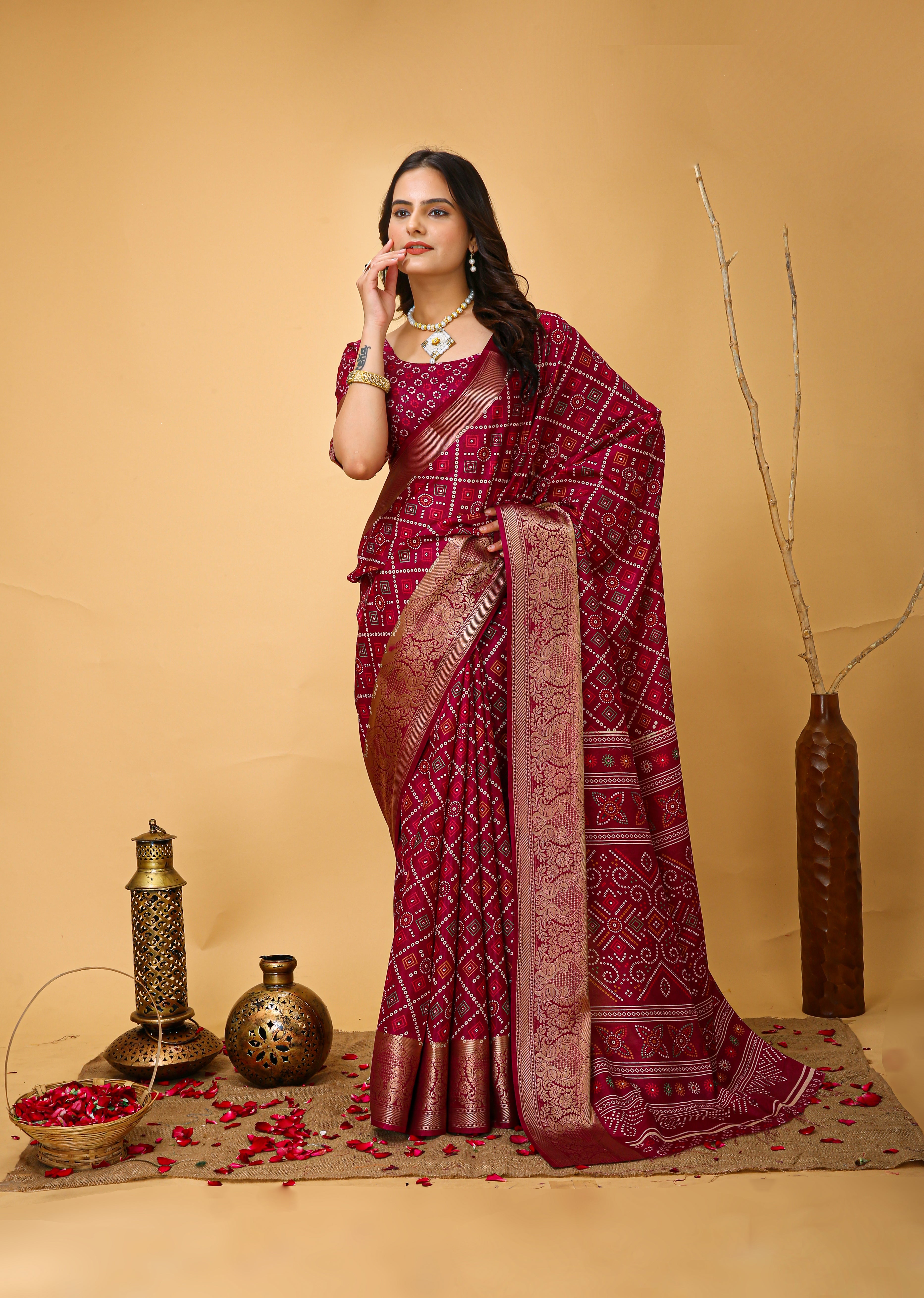 New Enchanting soft cotton Bandhani Printed Maroon Red Saree With Unstiched Blouse