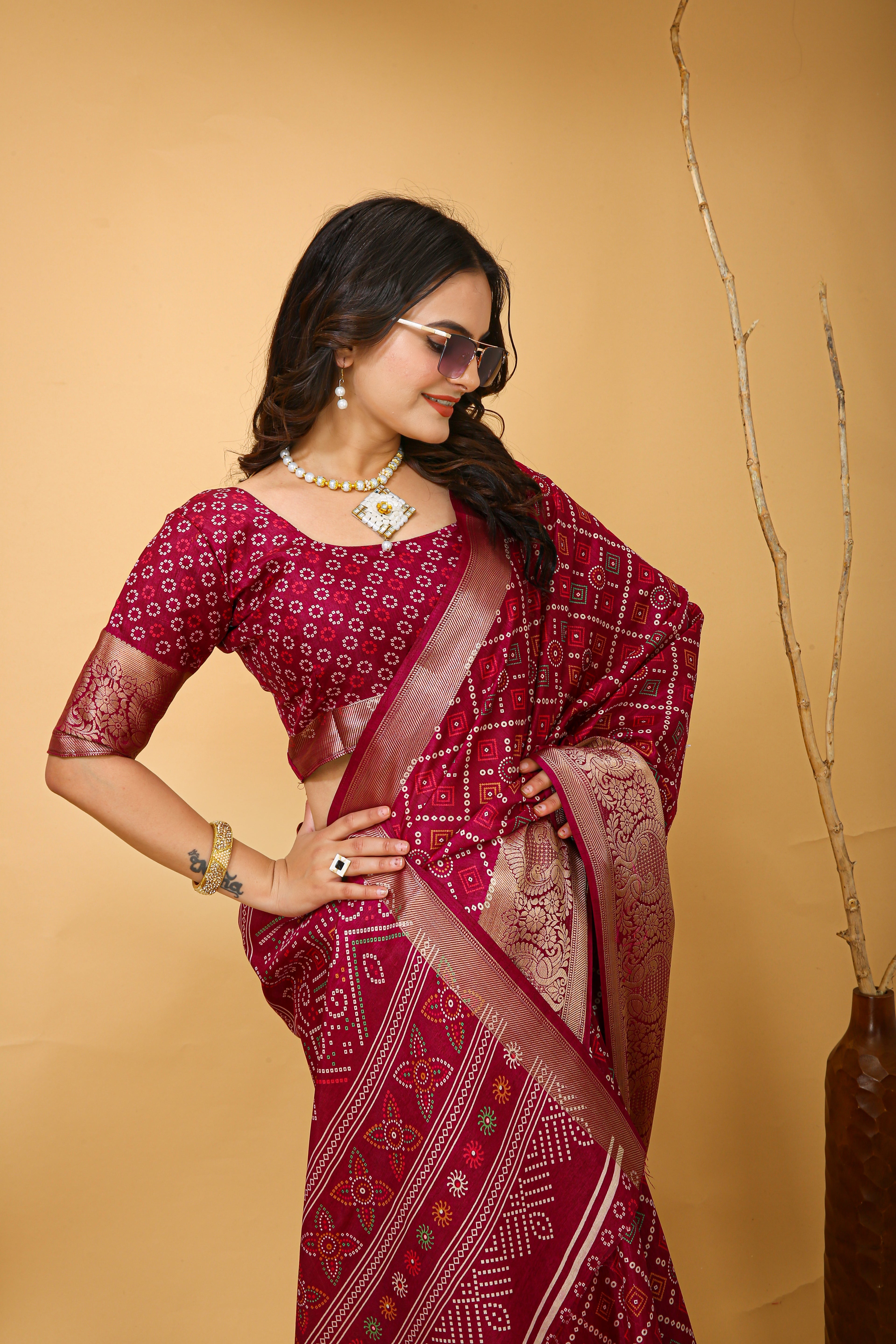 New Enchanting soft cotton Bandhani Printed Maroon Red Saree With Unstiched Blouse