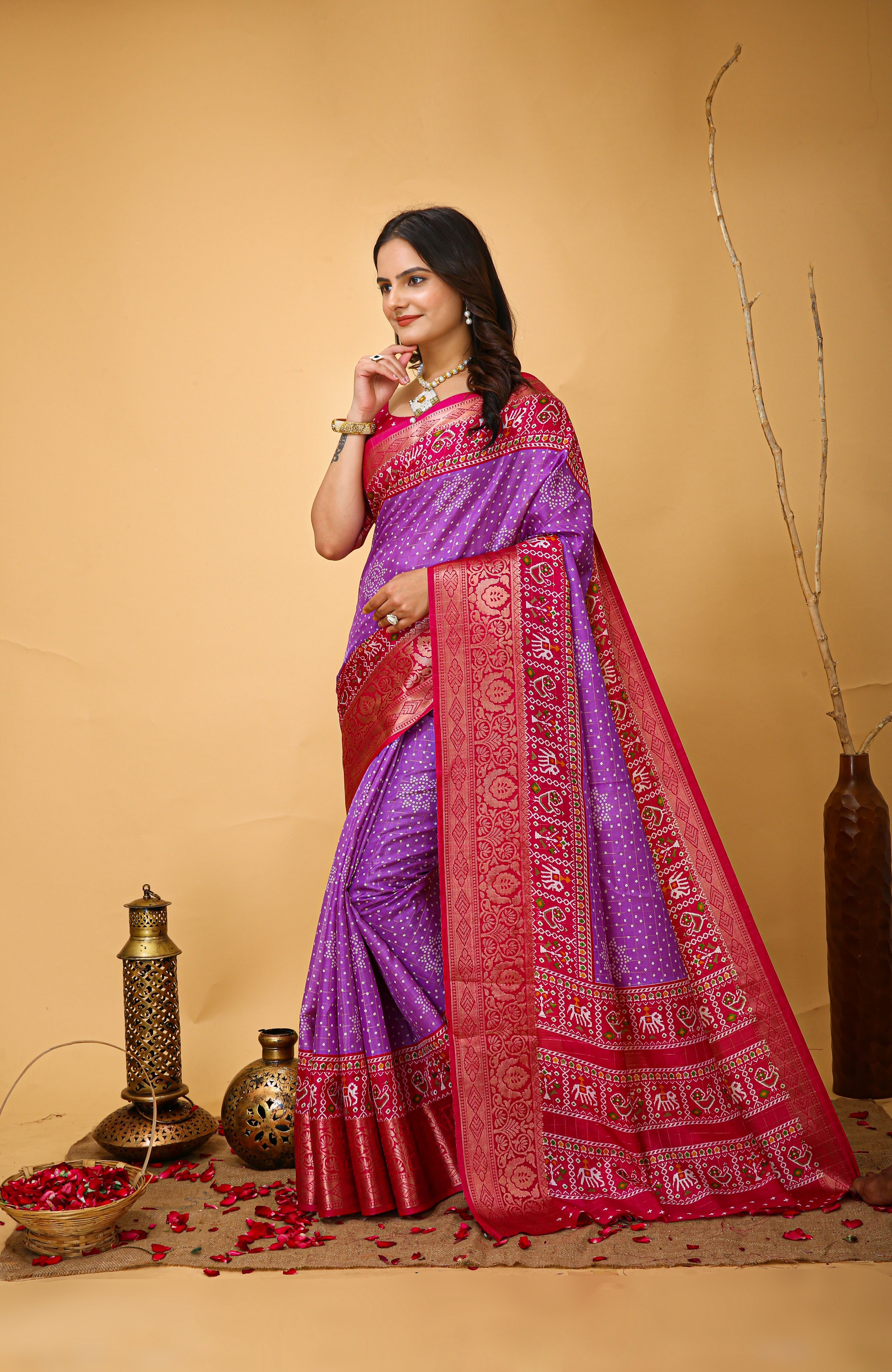 New Enchanting soft cotton Bandhani Printed Dark Purple Saree With Unstiched Blouse