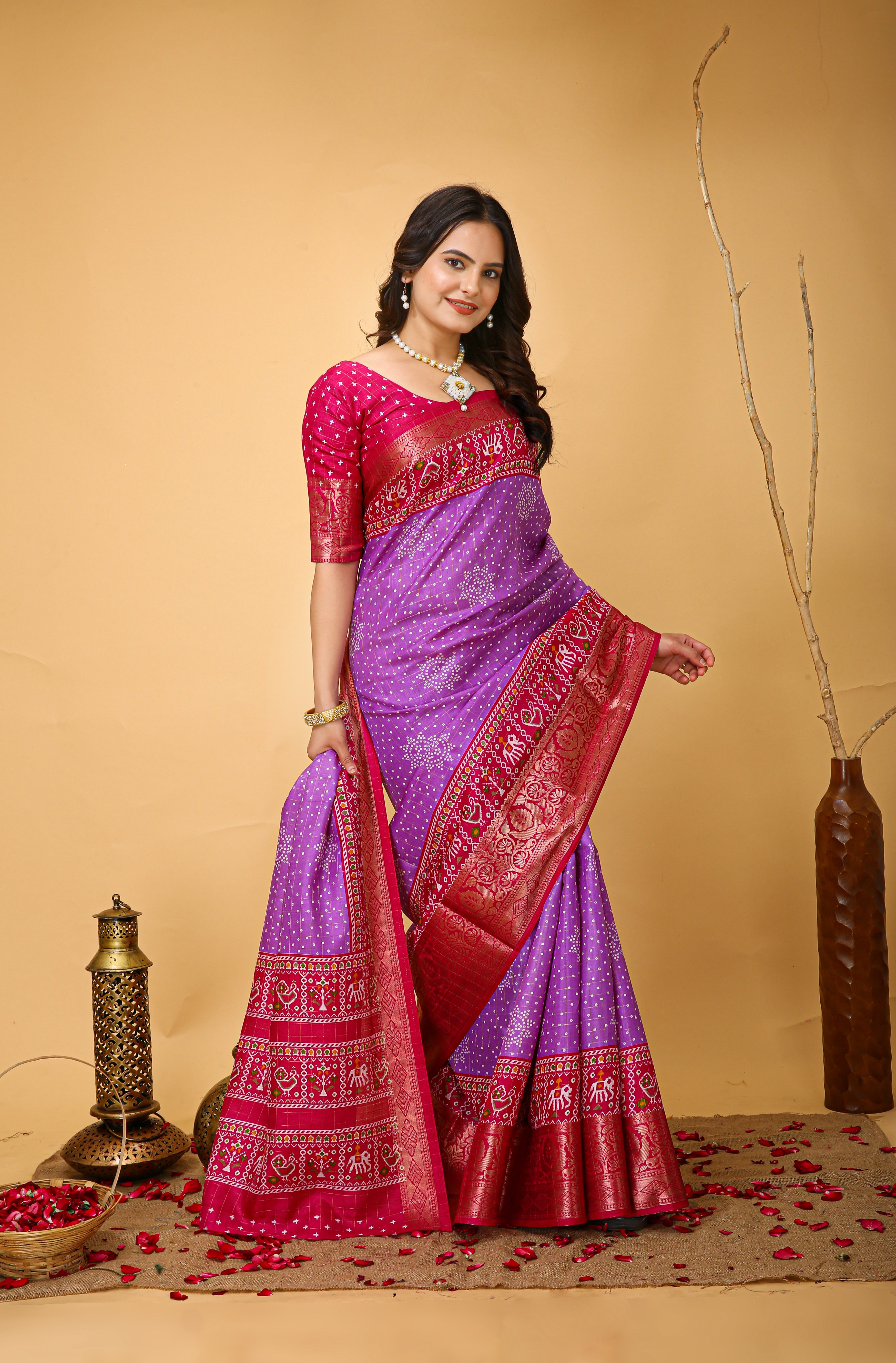 New Enchanting soft cotton Bandhani Printed Dark Purple Saree With Unstiched Blouse