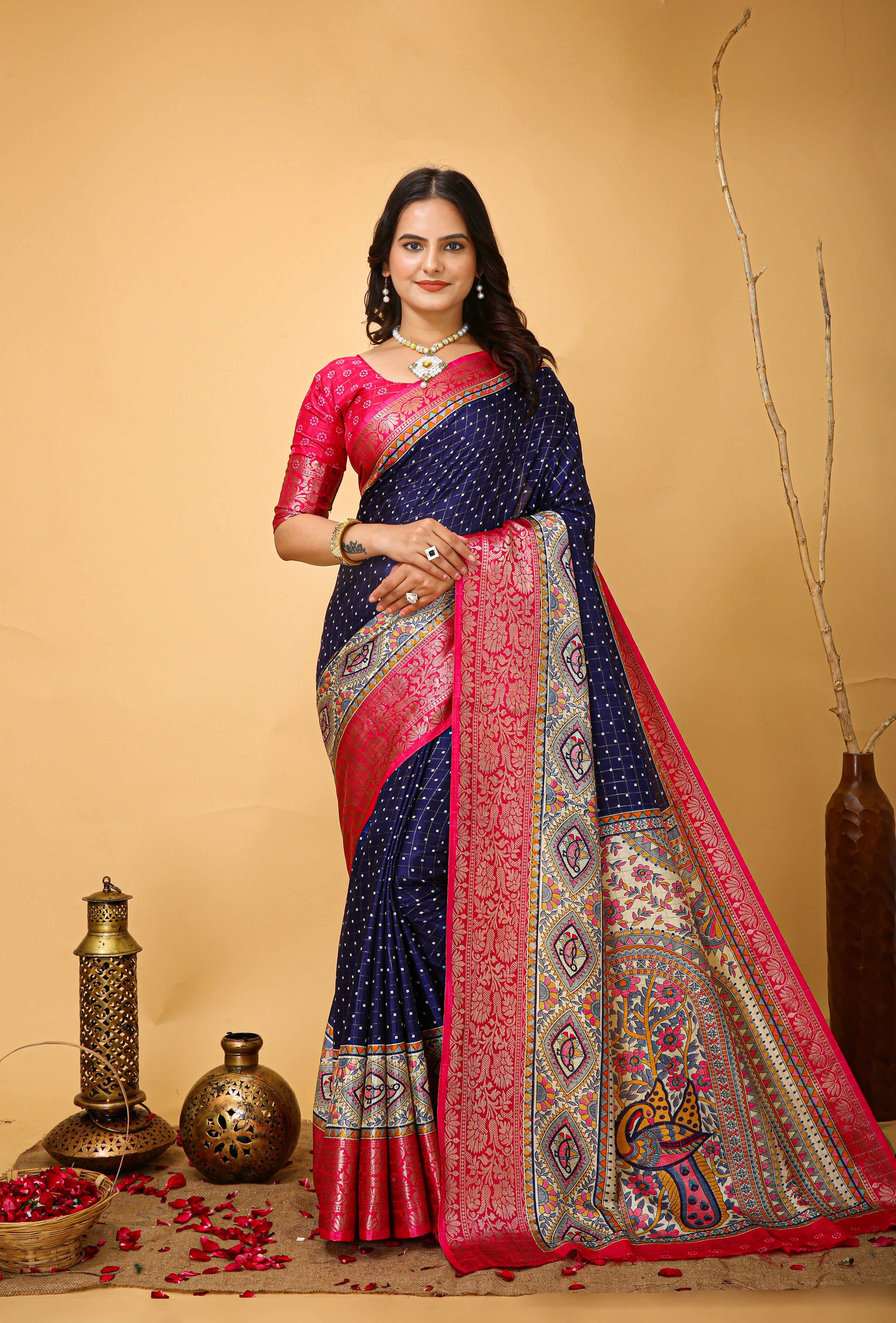 New Enchanting soft cotton Dot Printed Navy Blue Saree With Unstiched Blouse