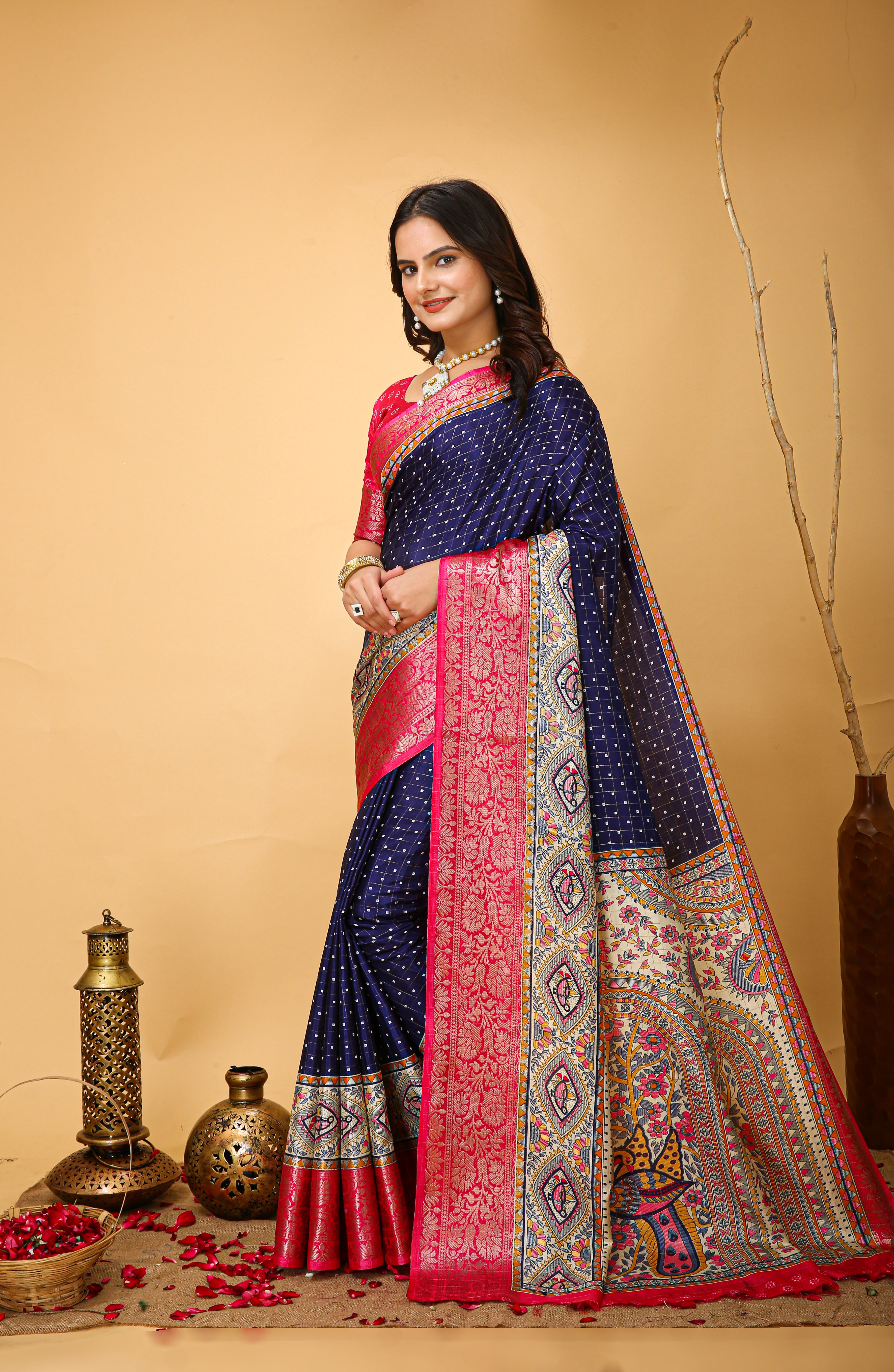 New Enchanting soft cotton Dot Printed Navy Blue Saree With Unstiched Blouse