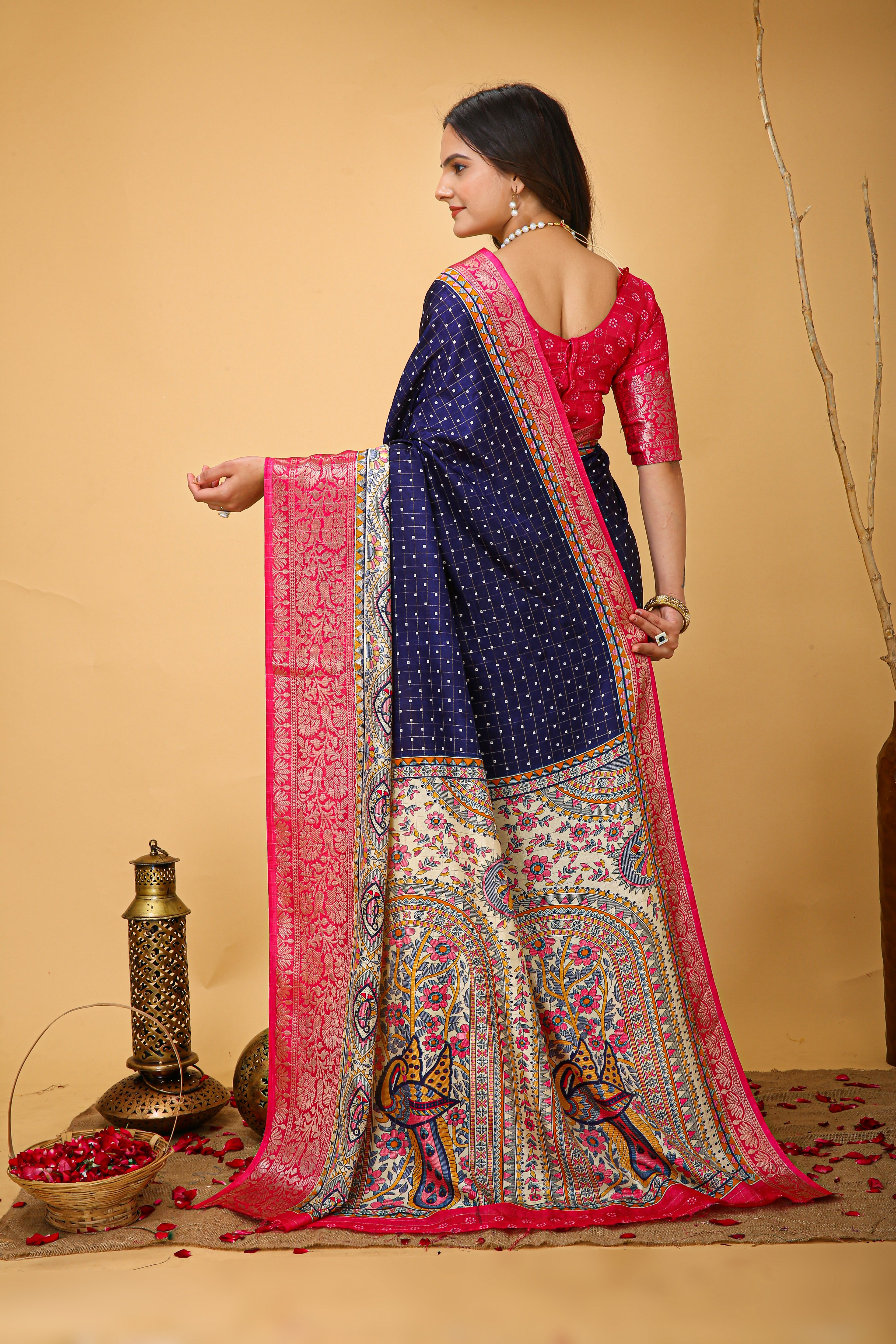 New Enchanting soft cotton Dot Printed Navy Blue Saree With Unstiched Blouse