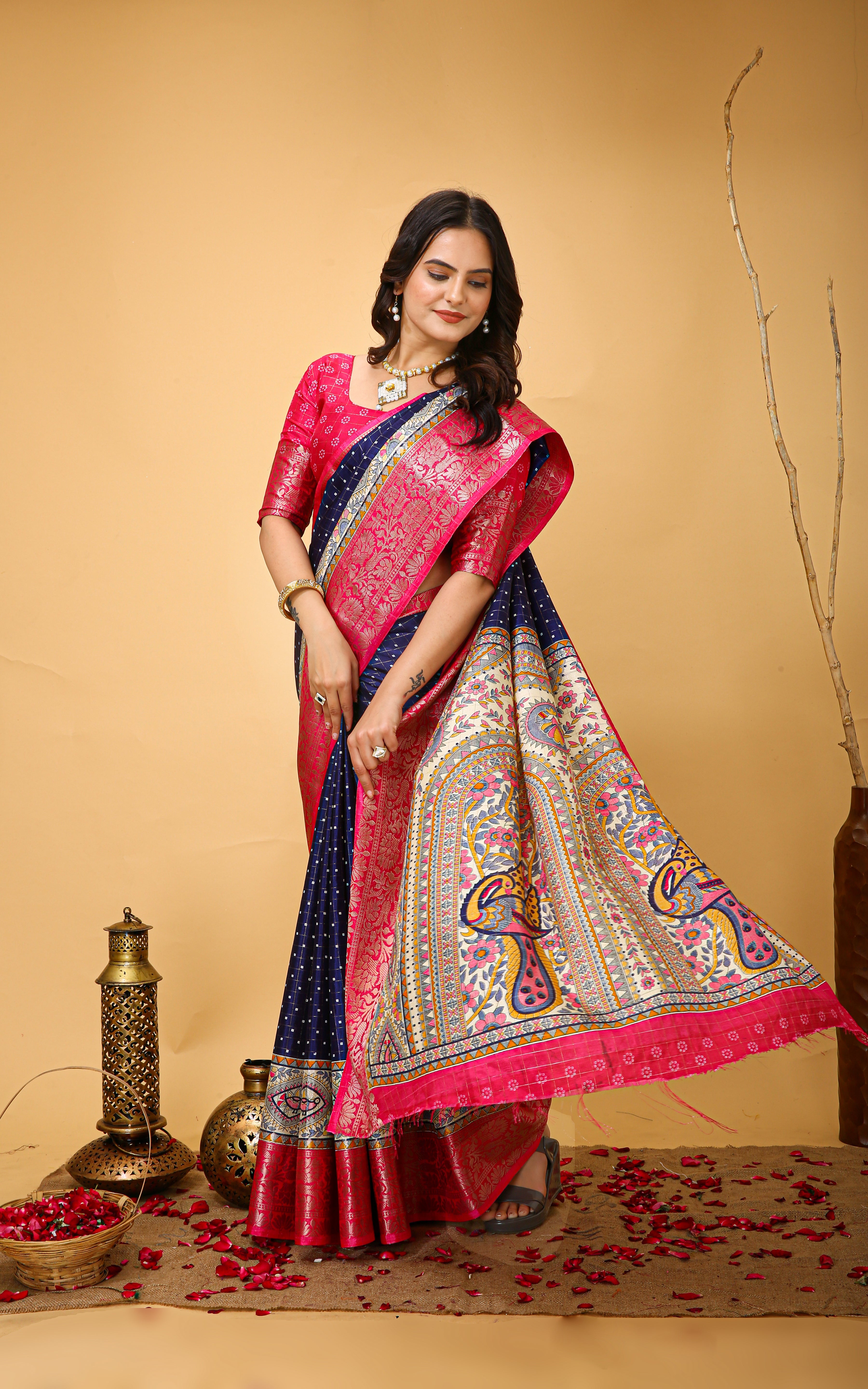 New Enchanting soft cotton Dot Printed Navy Blue Saree With Unstiched Blouse