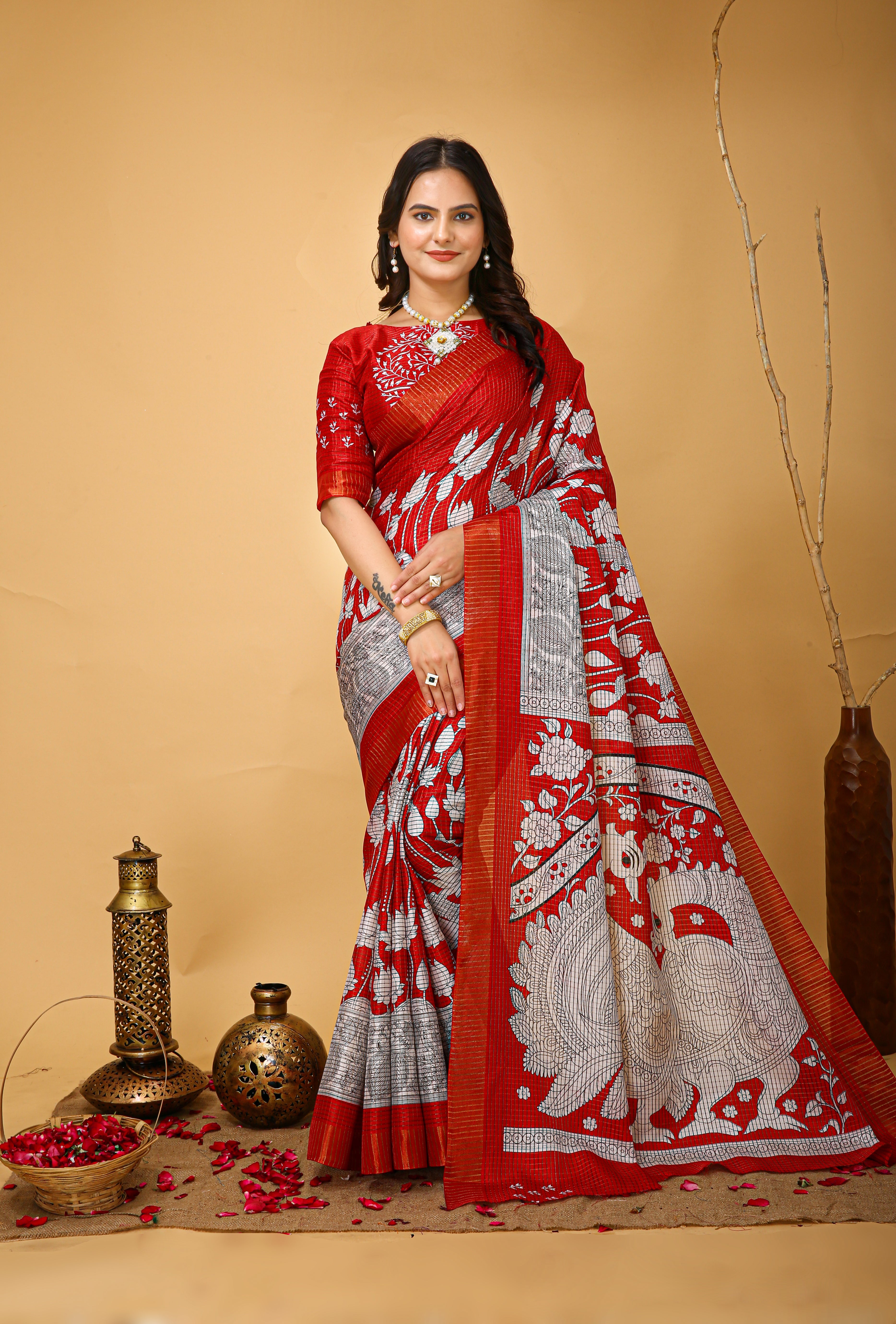 New Fancy Kalamkari Print And Jecard Kanjivaram Zari Border Soft Cotton Red Saree With Unstiched Blouse