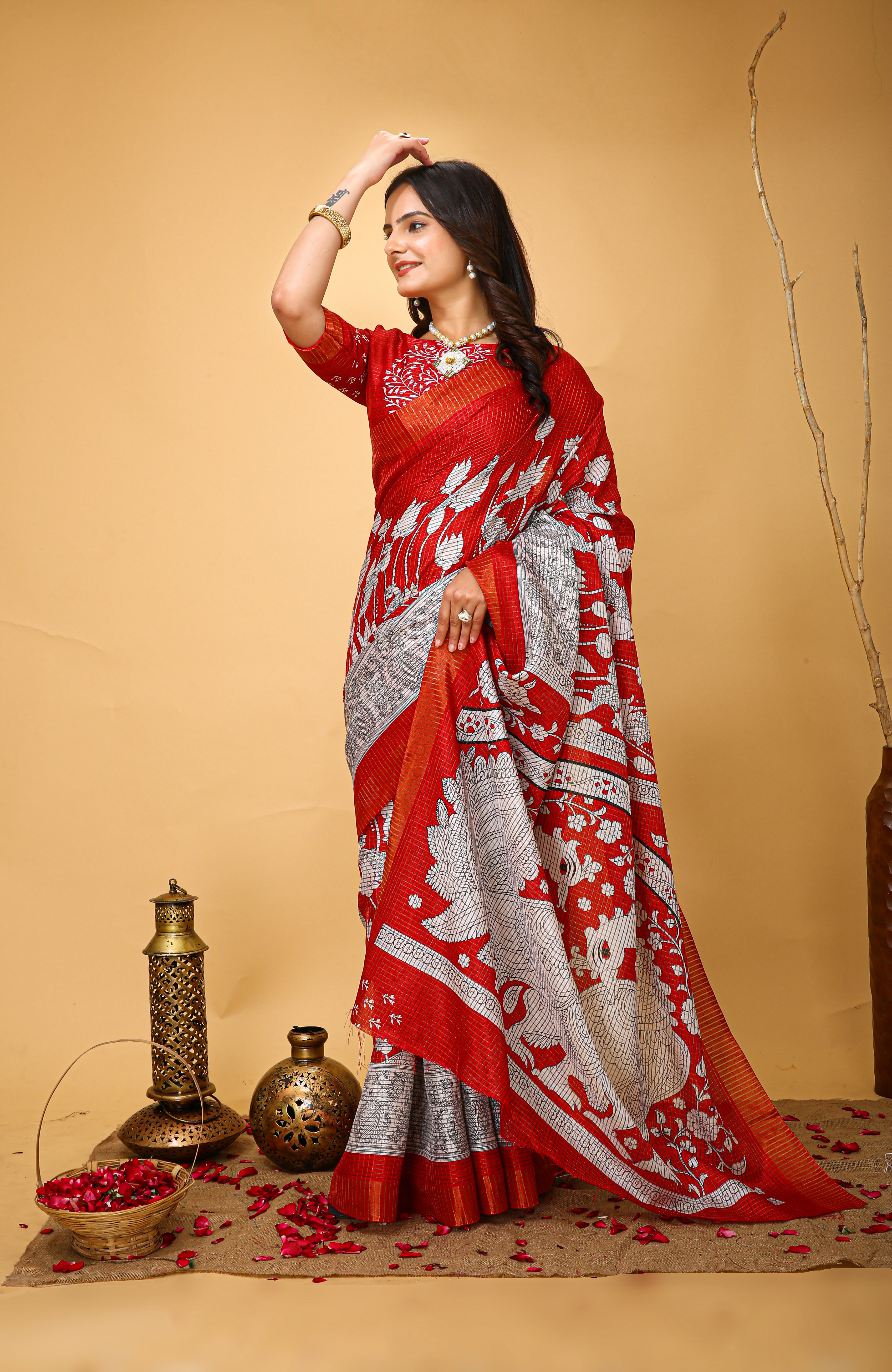 New Fancy Kalamkari Print And Jecard Kanjivaram Zari Border Soft Cotton Red Saree With Unstiched Blouse