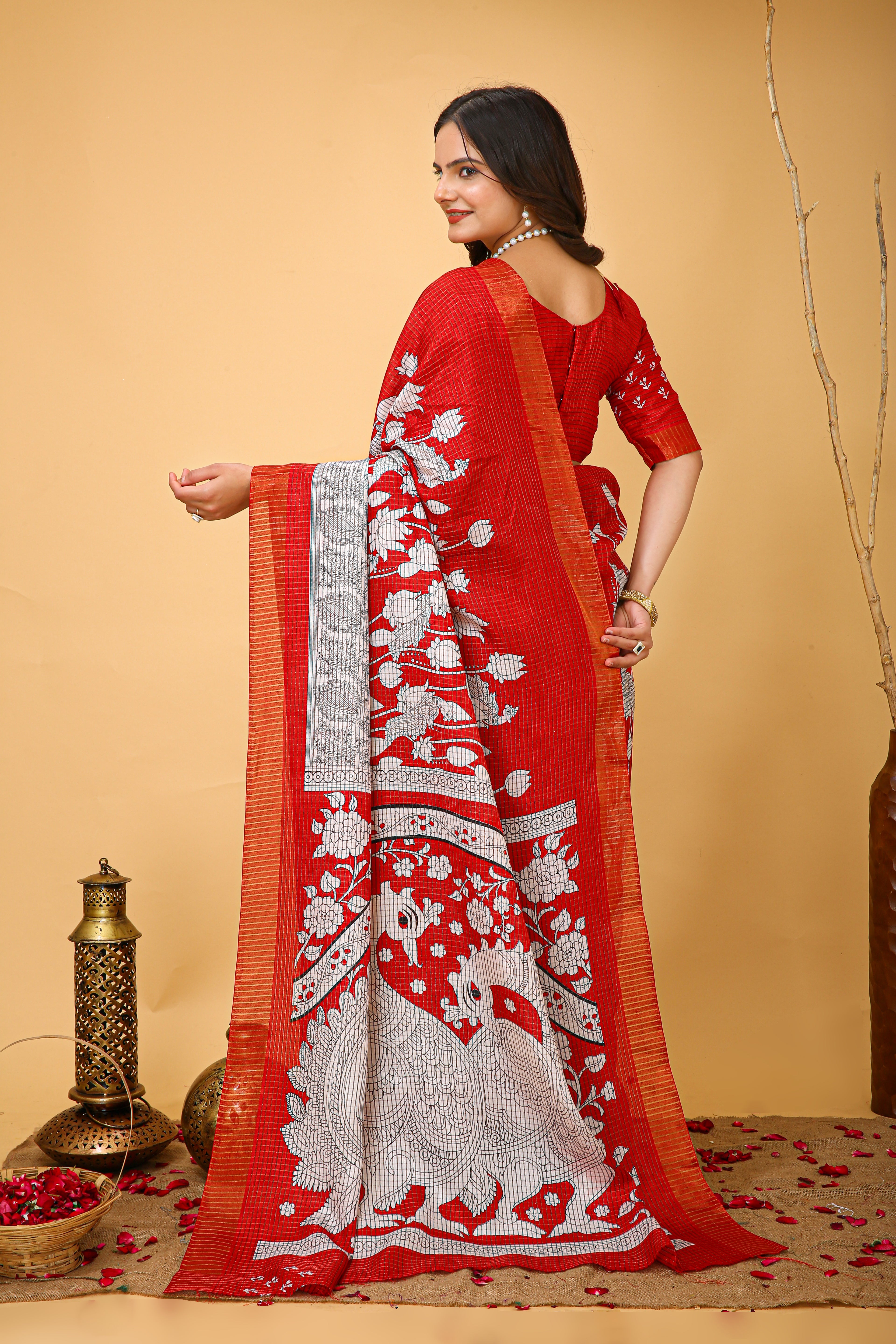 New Fancy Kalamkari Print And Jecard Kanjivaram Zari Border Soft Cotton Red Saree With Unstiched Blouse