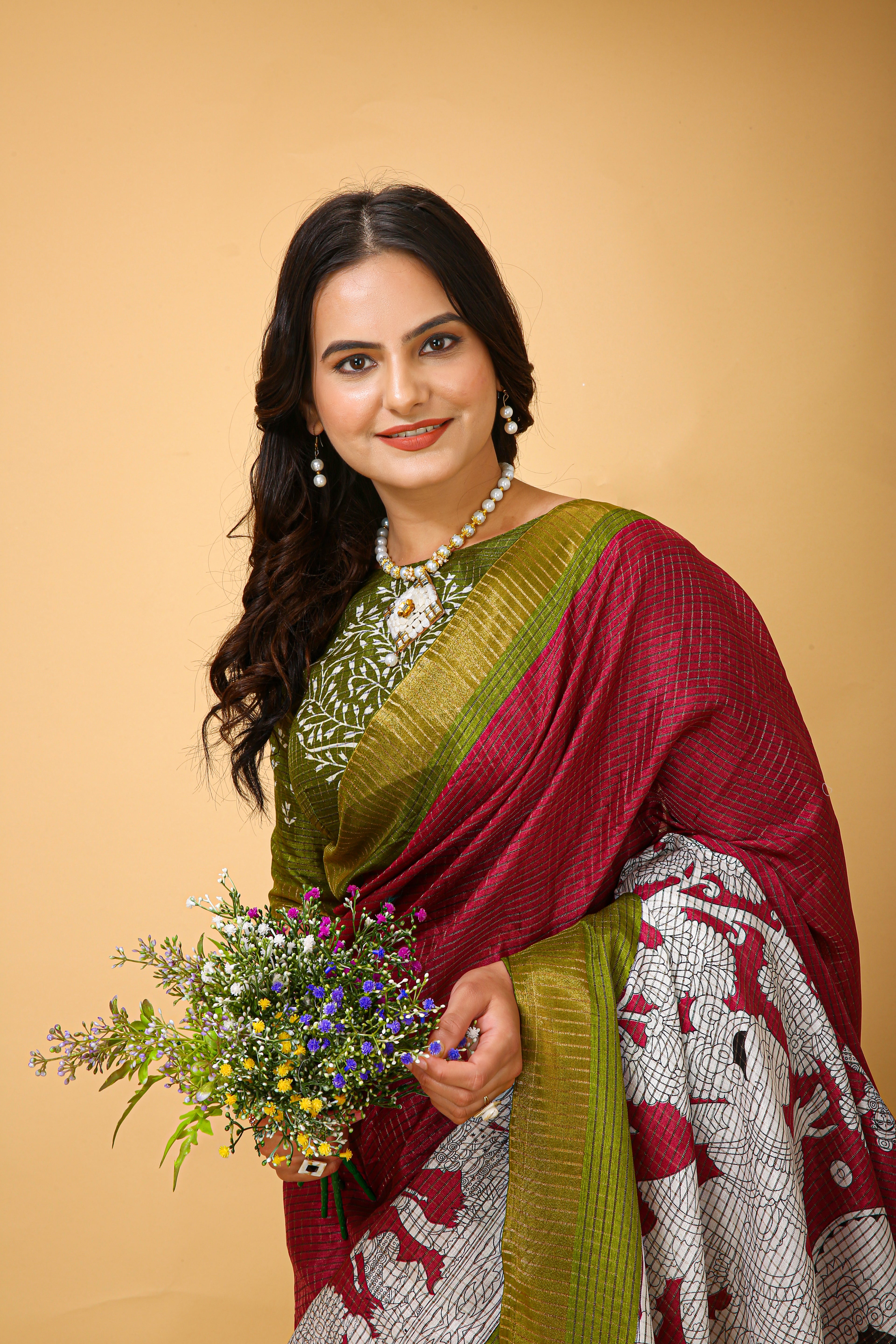 New Fancy Kalamkari Print And Jecard Kanjivaram Zari Border Soft Cotton Maroon Red Saree With Unstiched Blouse