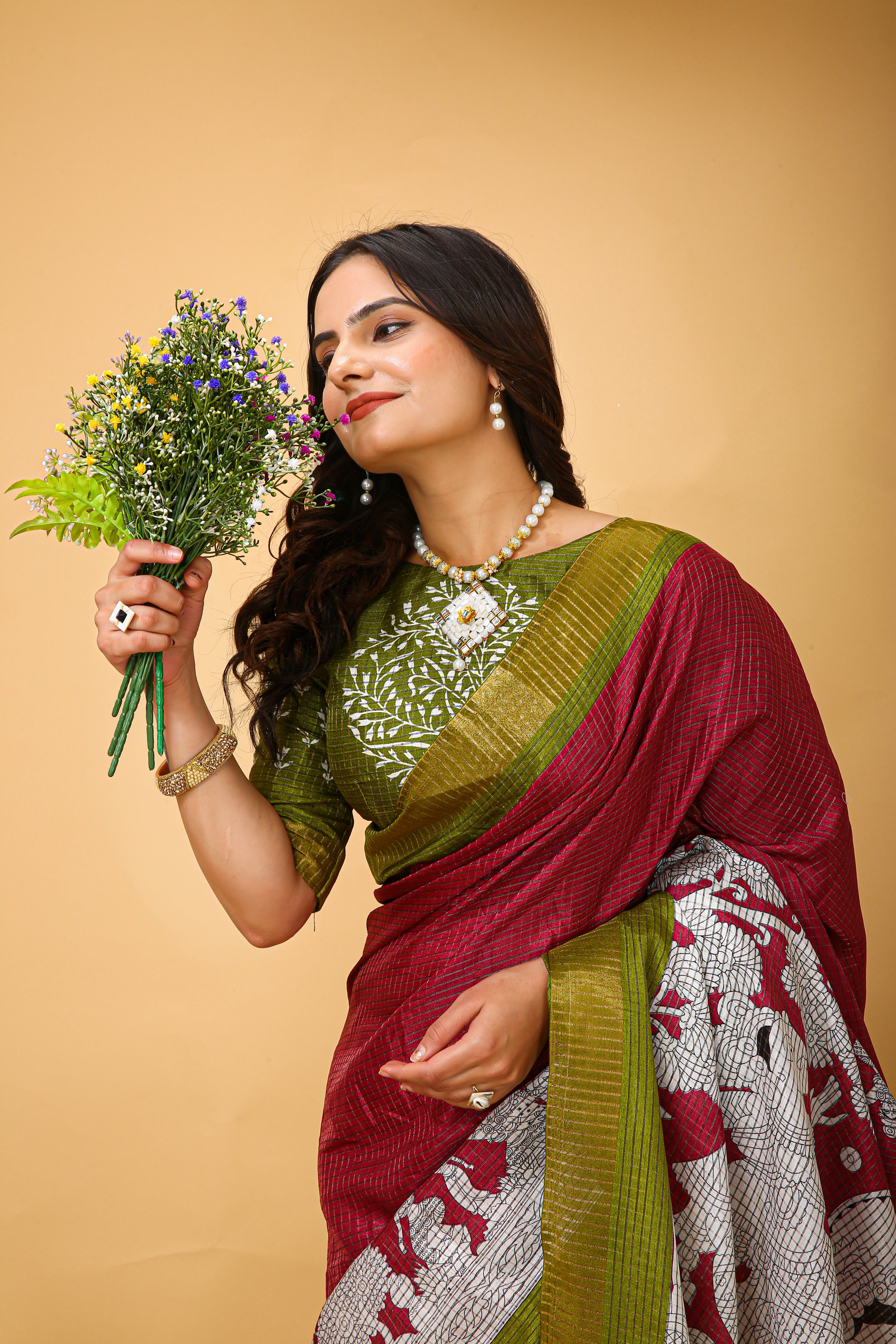 New Fancy Kalamkari Print And Jecard Kanjivaram Zari Border Soft Cotton Maroon Red Saree With Unstiched Blouse