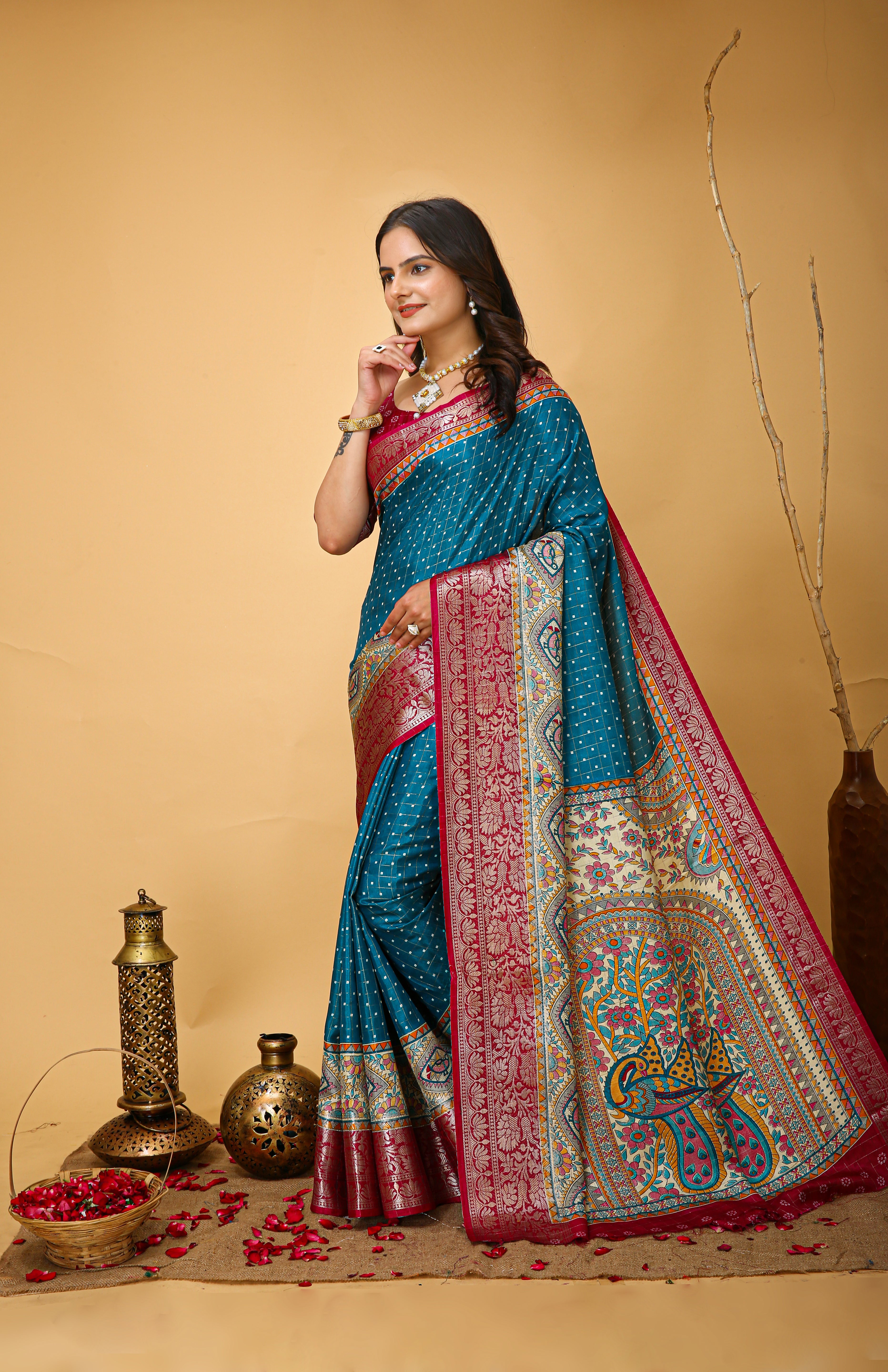 New Enchanting soft cotton  With Dot Printed Azure Blue Saree Unstiched Blouse