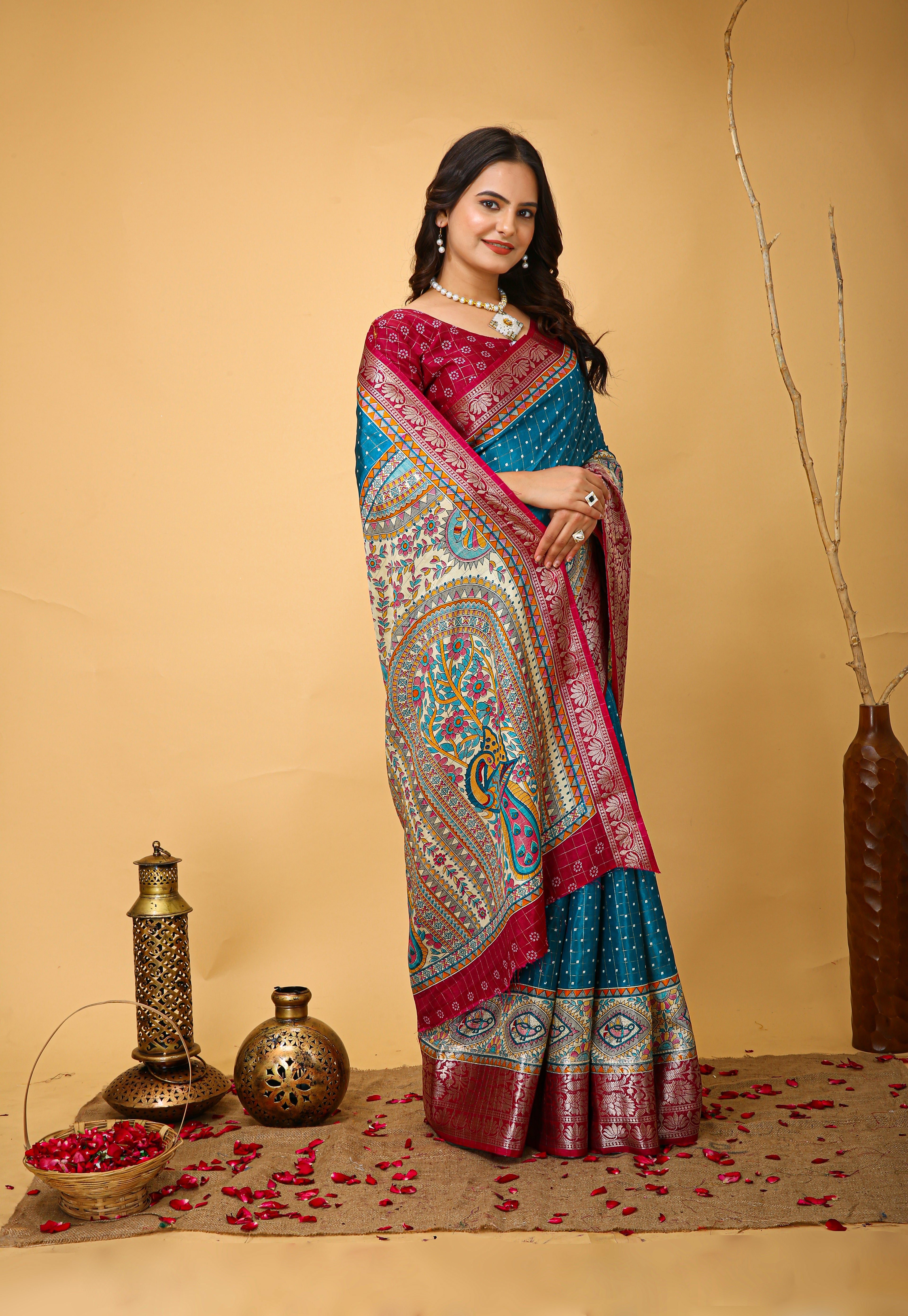 New Enchanting soft cotton  With Dot Printed Azure Blue Saree Unstiched Blouse