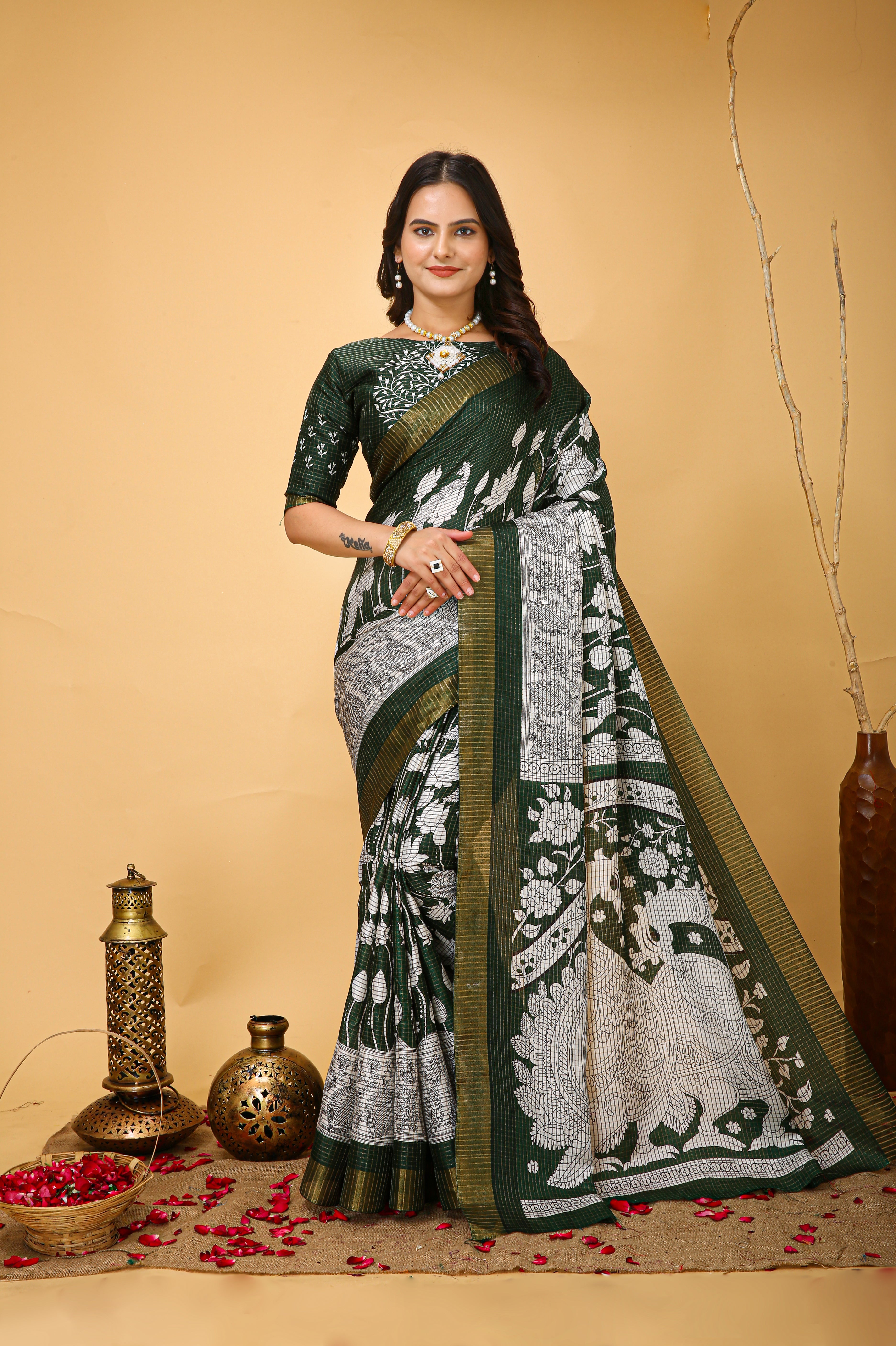 New Fancy Kalamkari Print And Jecard Kanjivaram Zari Border Soft Cotton Mehendi Green Saree With Unstiched Blouse