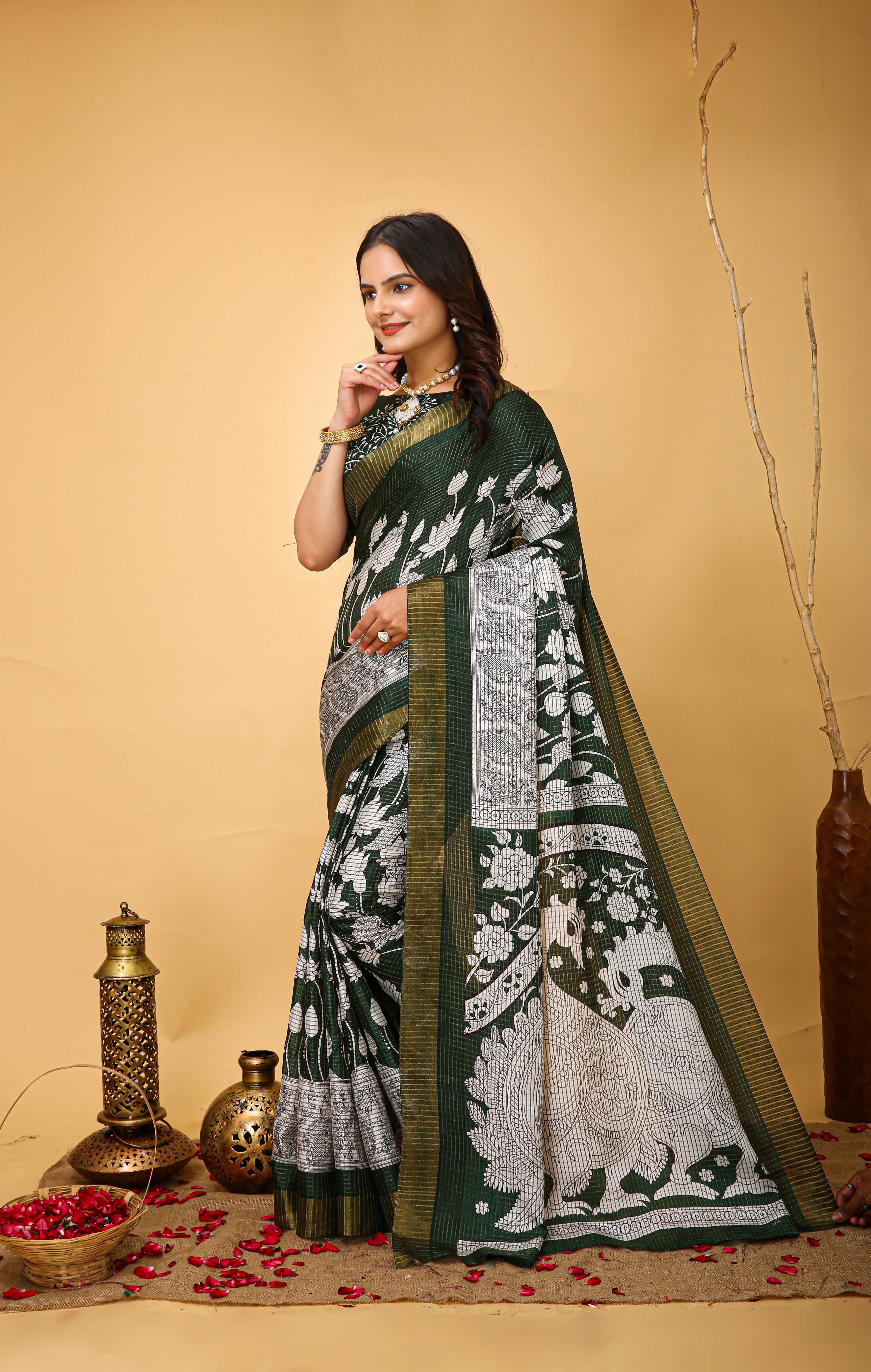 New Fancy Kalamkari Print And Jecard Kanjivaram Zari Border Soft Cotton Mehendi Green Saree With Unstiched Blouse