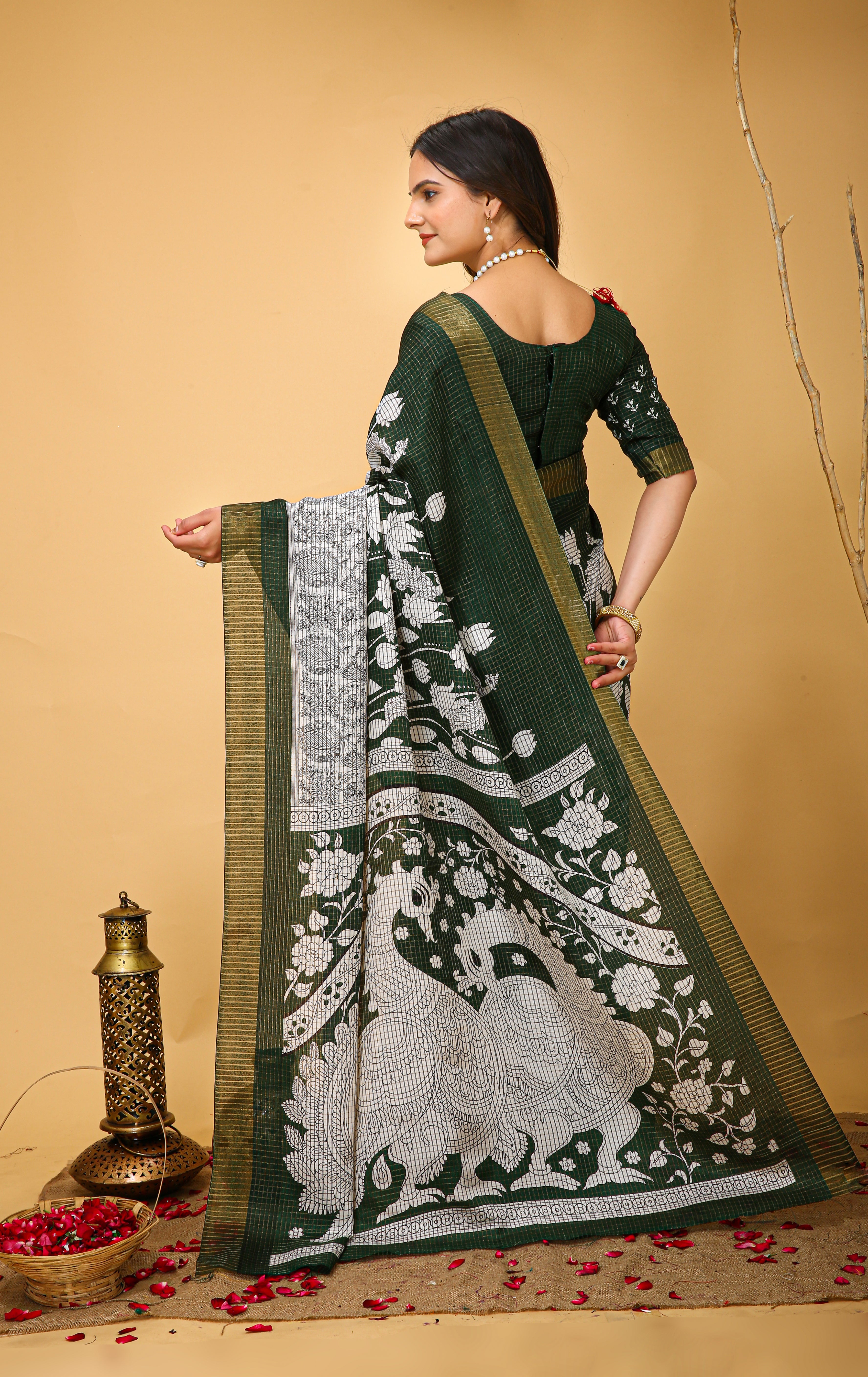 New Fancy Kalamkari Print And Jecard Kanjivaram Zari Border Soft Cotton Mehendi Green Saree With Unstiched Blouse