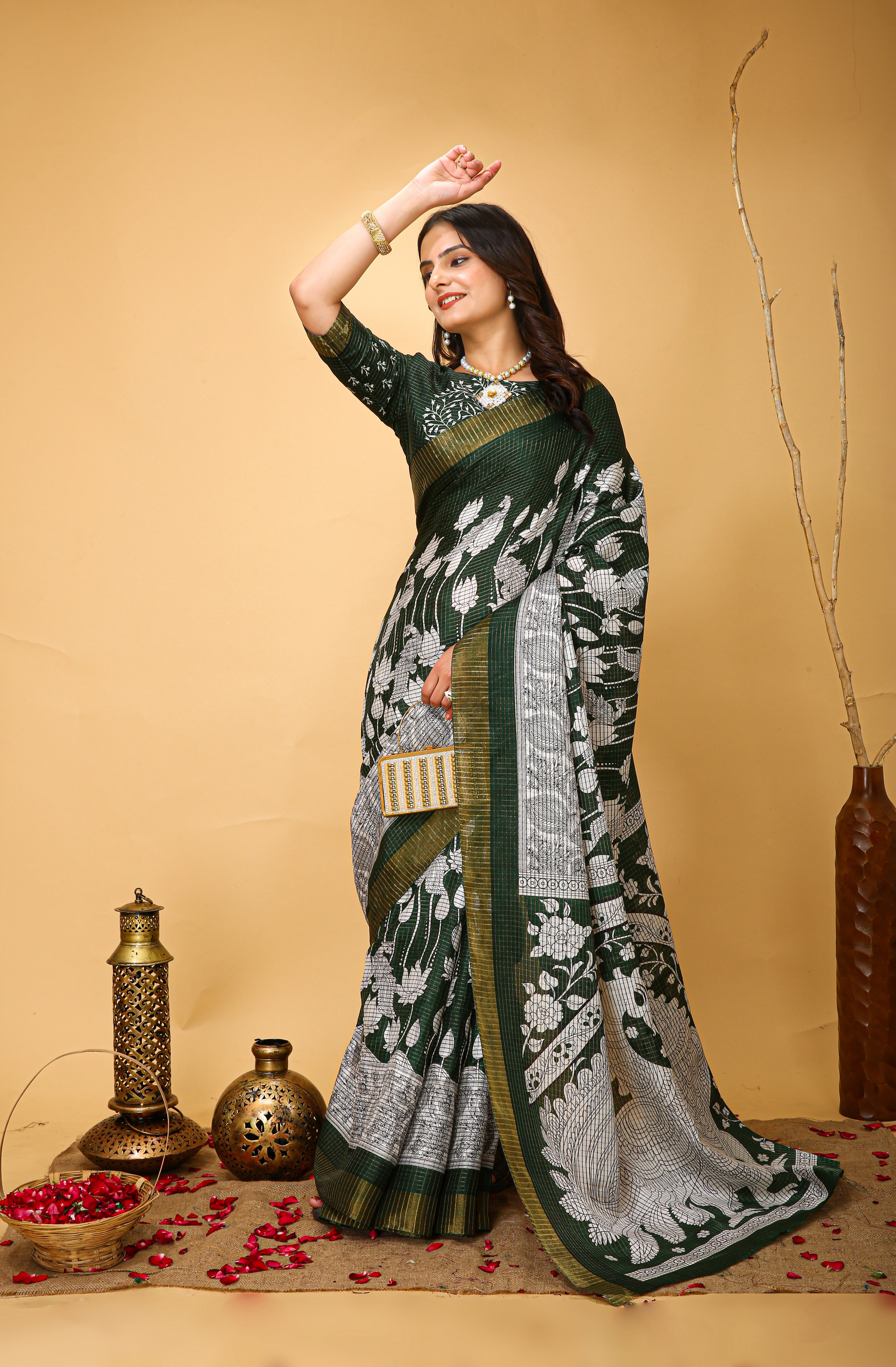 New Fancy Kalamkari Print And Jecard Kanjivaram Zari Border Soft Cotton Mehendi Green Saree With Unstiched Blouse