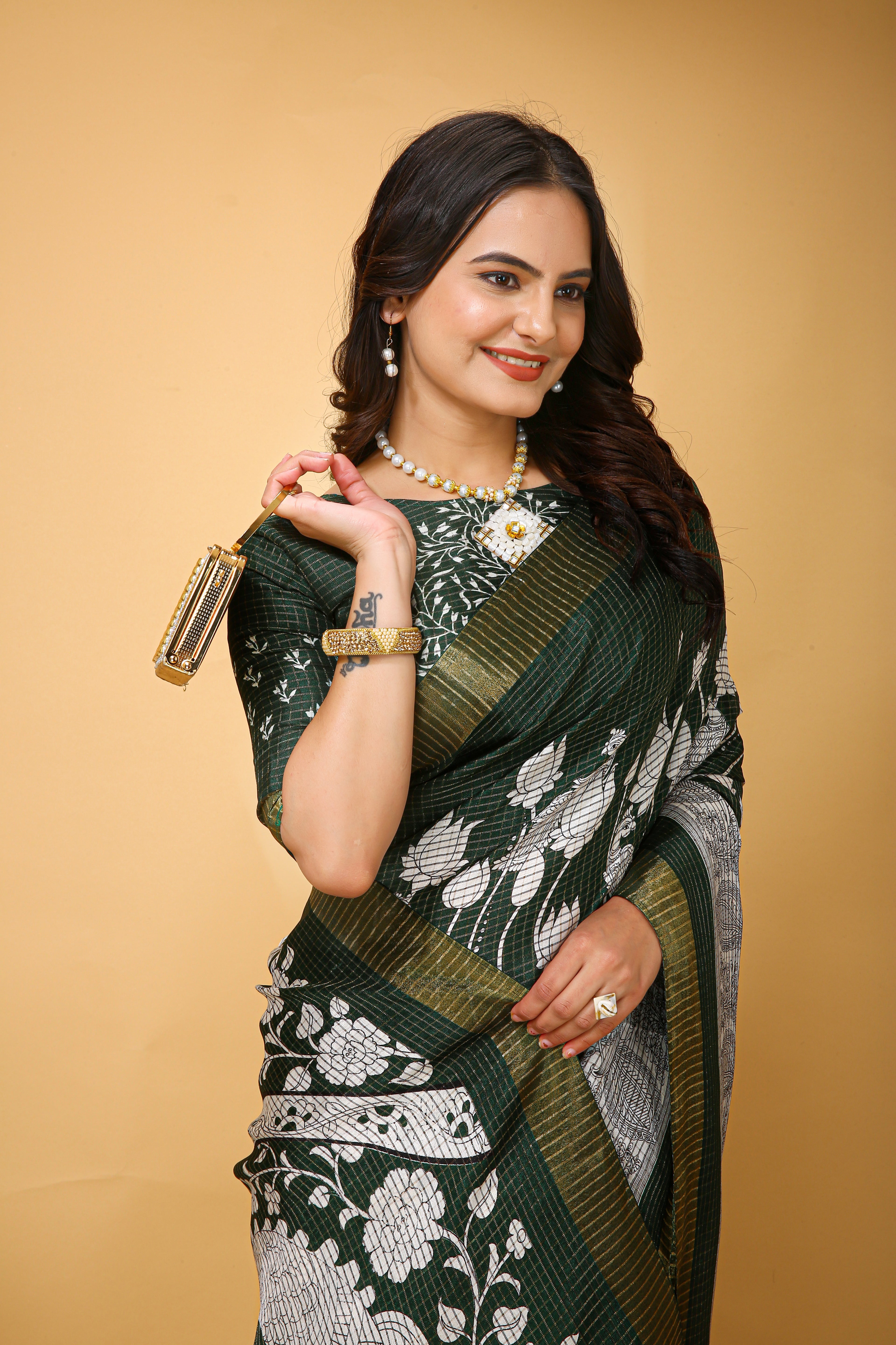 New Fancy Kalamkari Print And Jecard Kanjivaram Zari Border Soft Cotton Mehendi Green Saree With Unstiched Blouse
