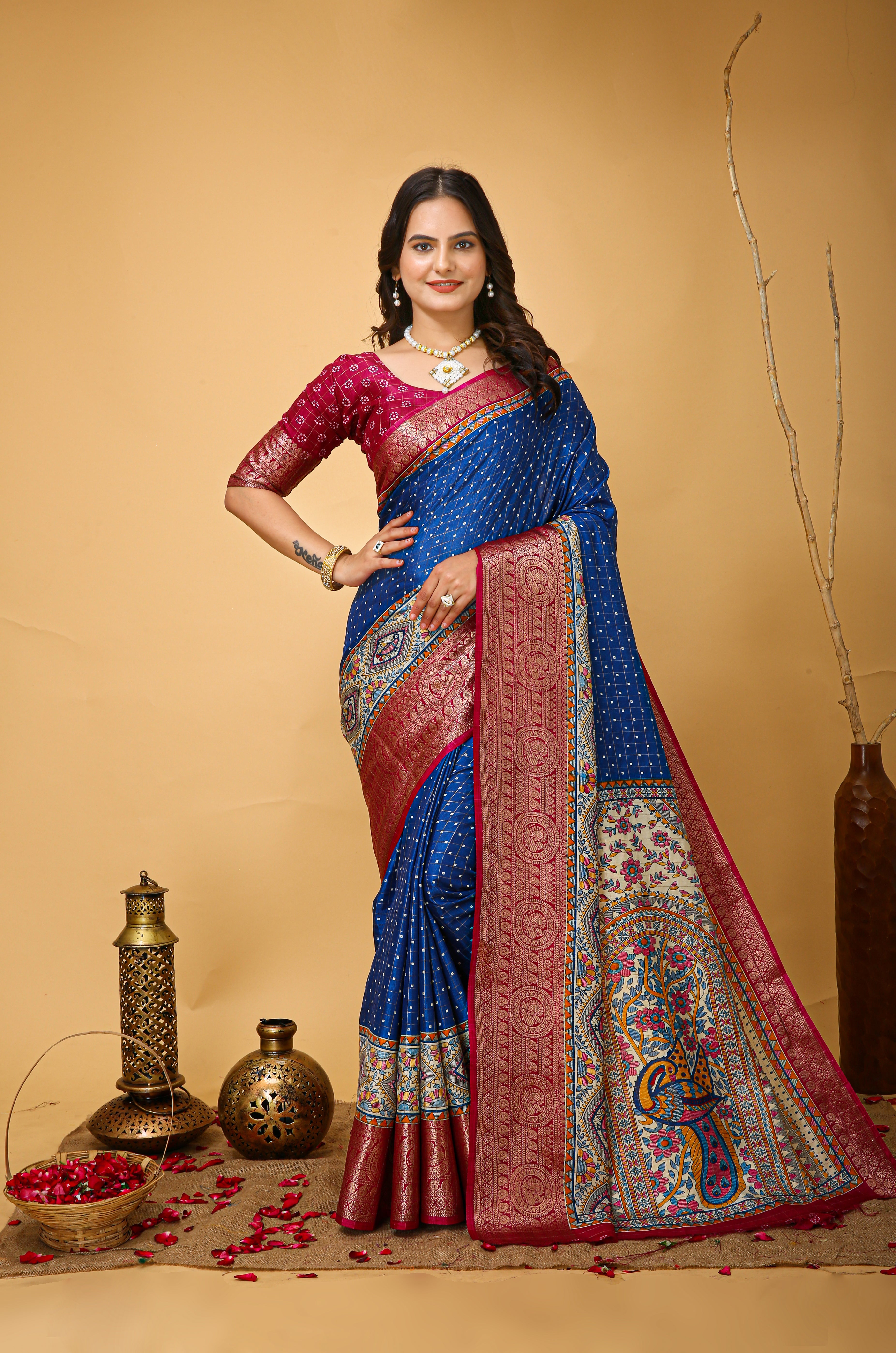 New Enchanting soft cotton Dot Printed Cobalt-Blue Saree With Unstiched Blouse