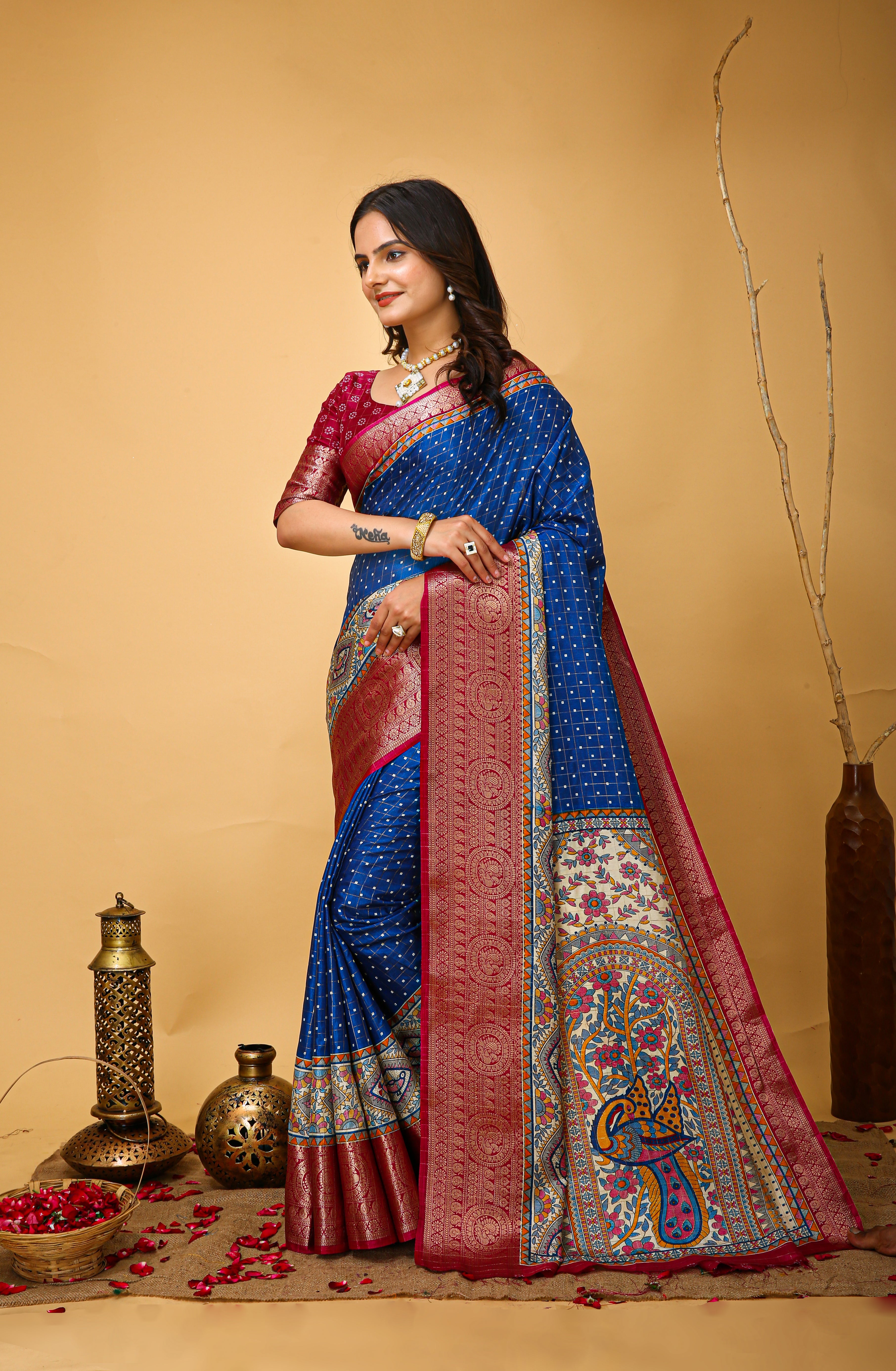 New Enchanting soft cotton Dot Printed Cobalt-Blue Saree With Unstiched Blouse