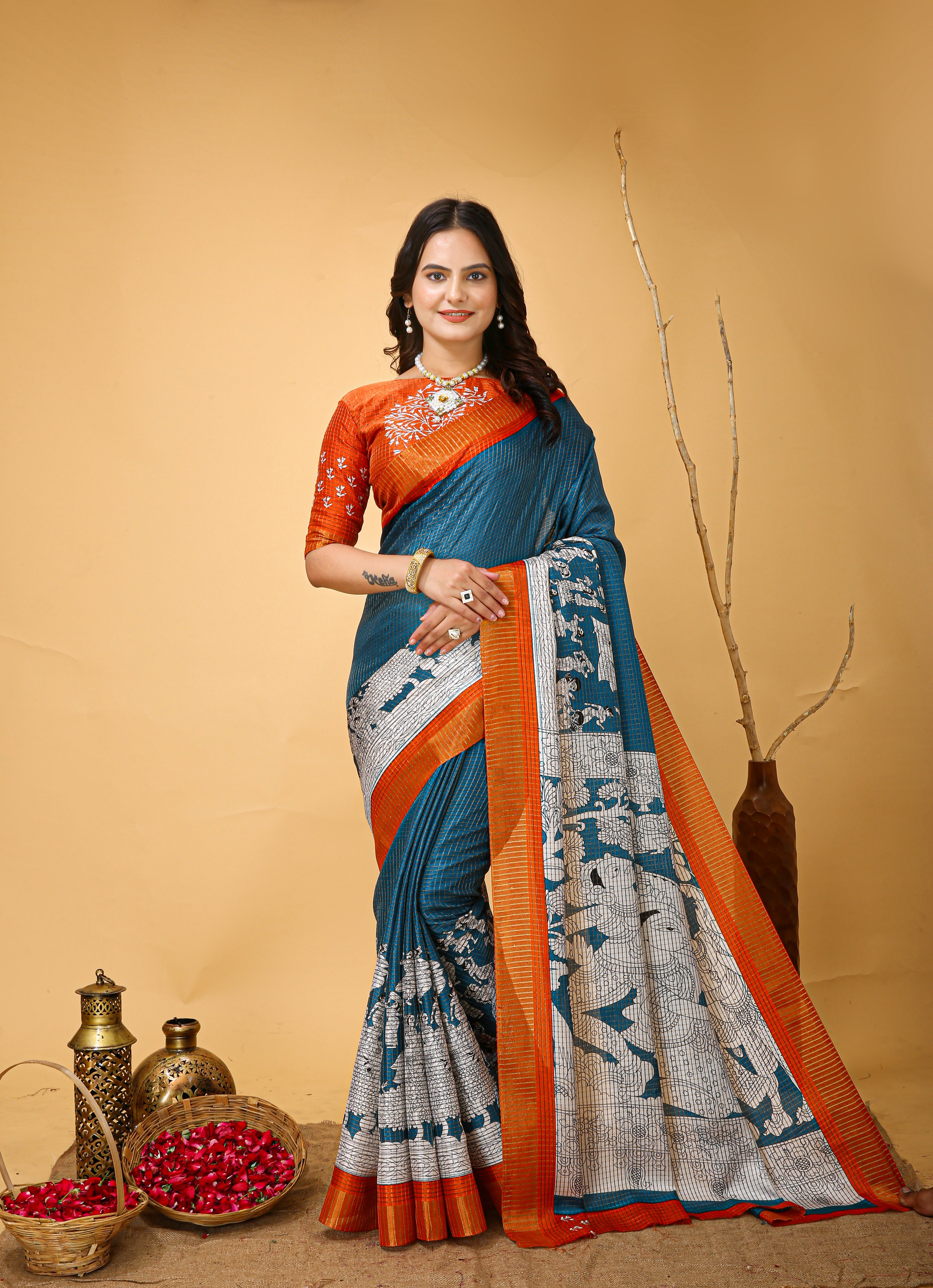 New Fancy Kalamkari Print And Jecard Kanjivaram Zari Border Soft Cotton Greyish Blue Saree With Unstiched Blouse