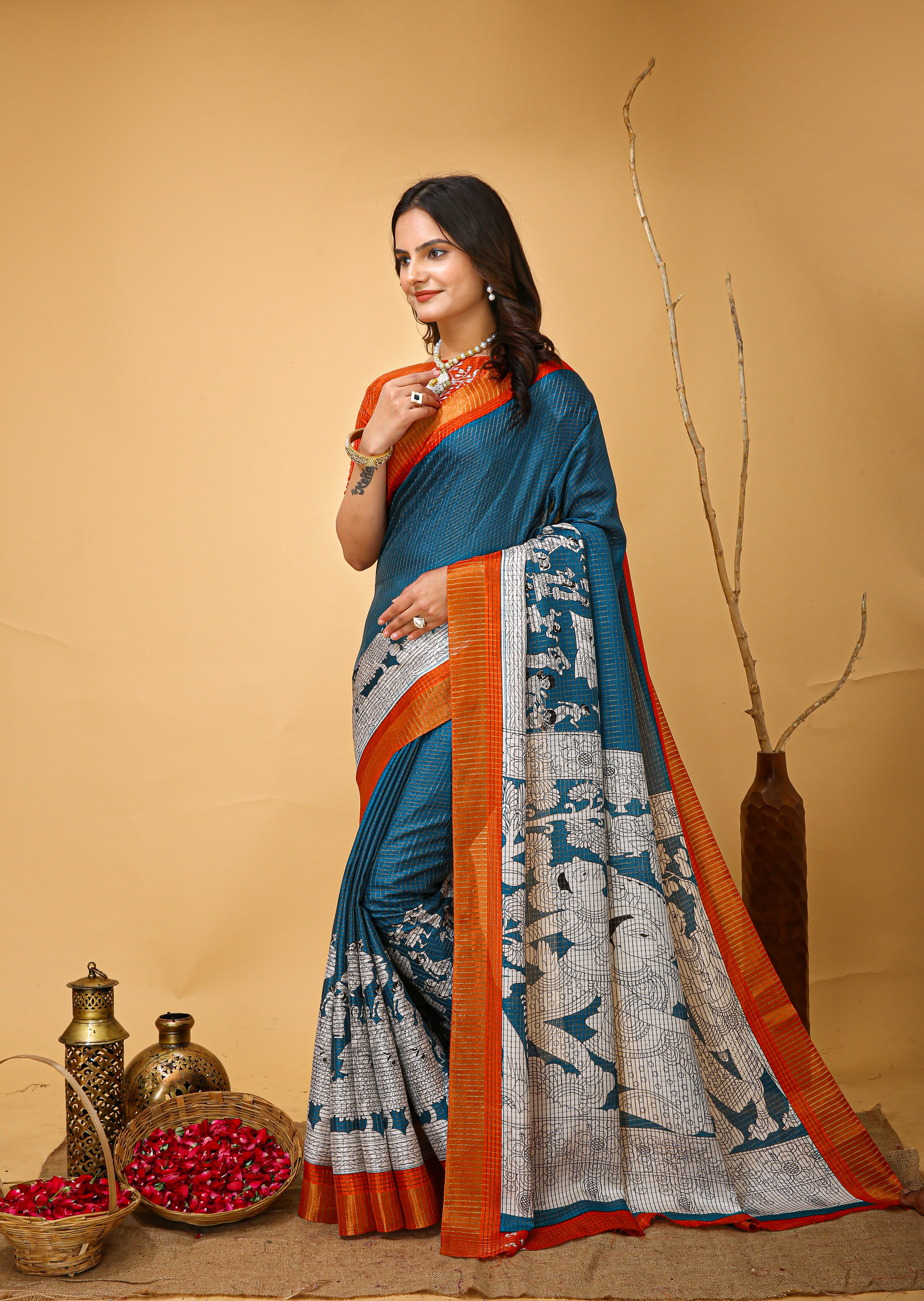 New Fancy Kalamkari Print And Jecard Kanjivaram Zari Border Soft Cotton Greyish Blue Saree With Unstiched Blouse