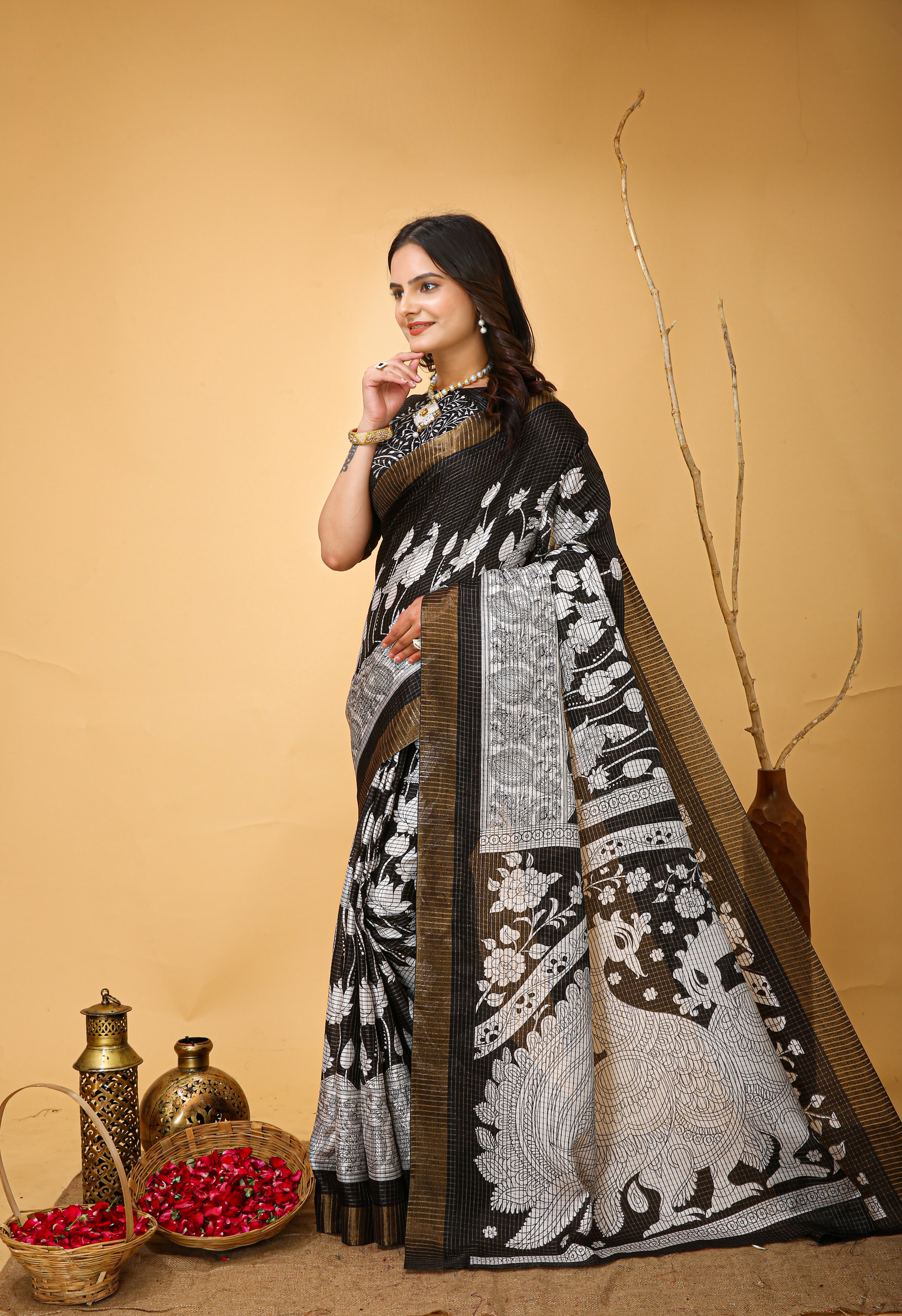 New Fancy Kalamkari Print And Jecard Kanjivaram Zari Border Soft Cotton Black Saree With Unstiched Blouse