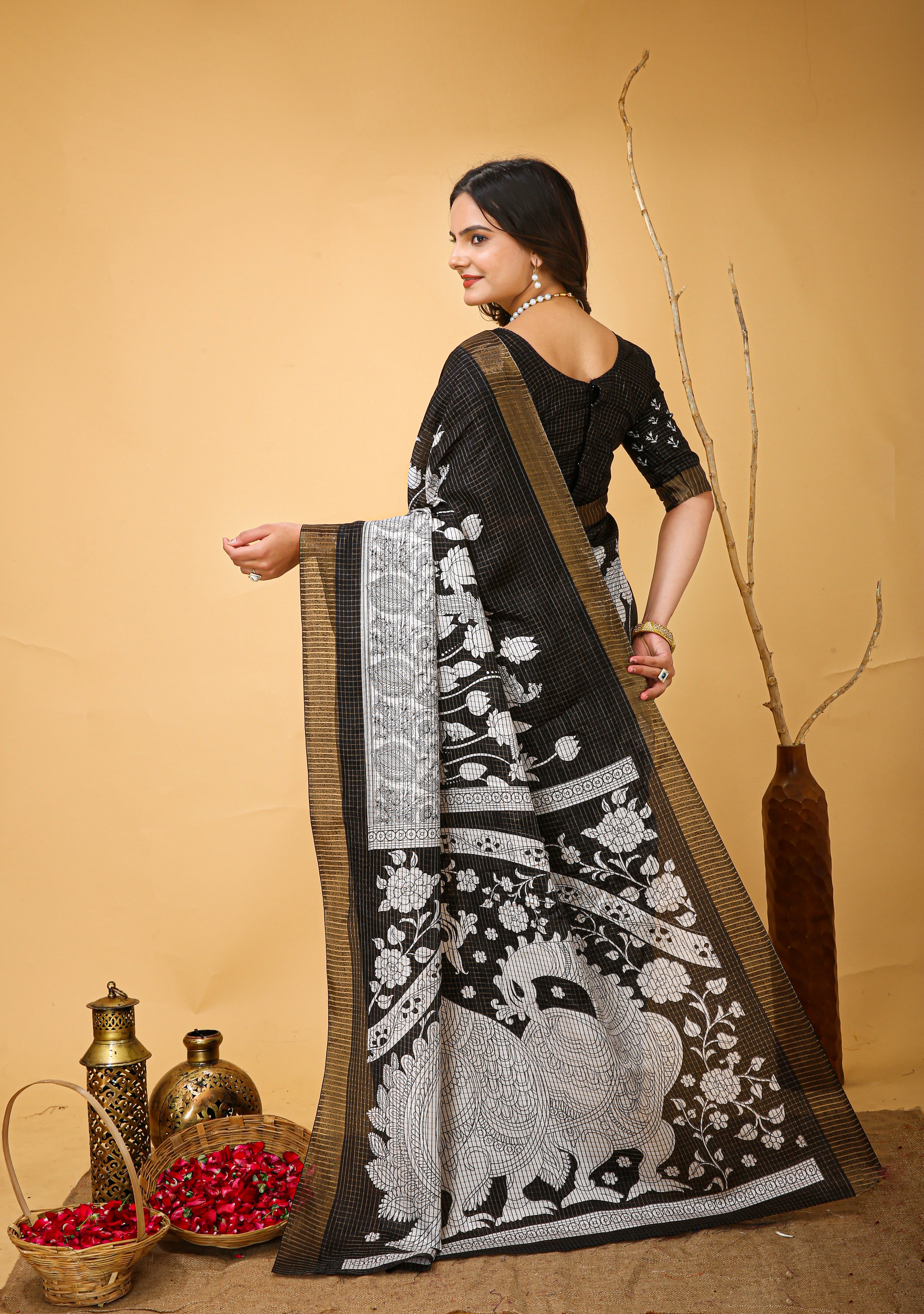 New Fancy Kalamkari Print And Jecard Kanjivaram Zari Border Soft Cotton Black Saree With Unstiched Blouse